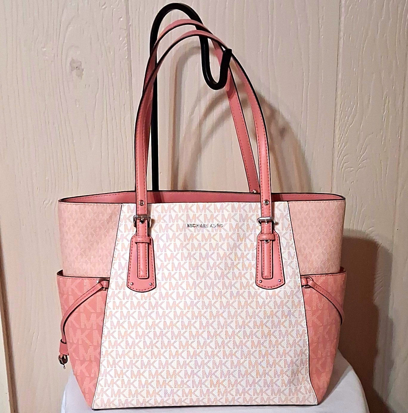 Michael Kors Pink/White Logo Tote Women’s Zip Top Double Handles Silver Pockets
