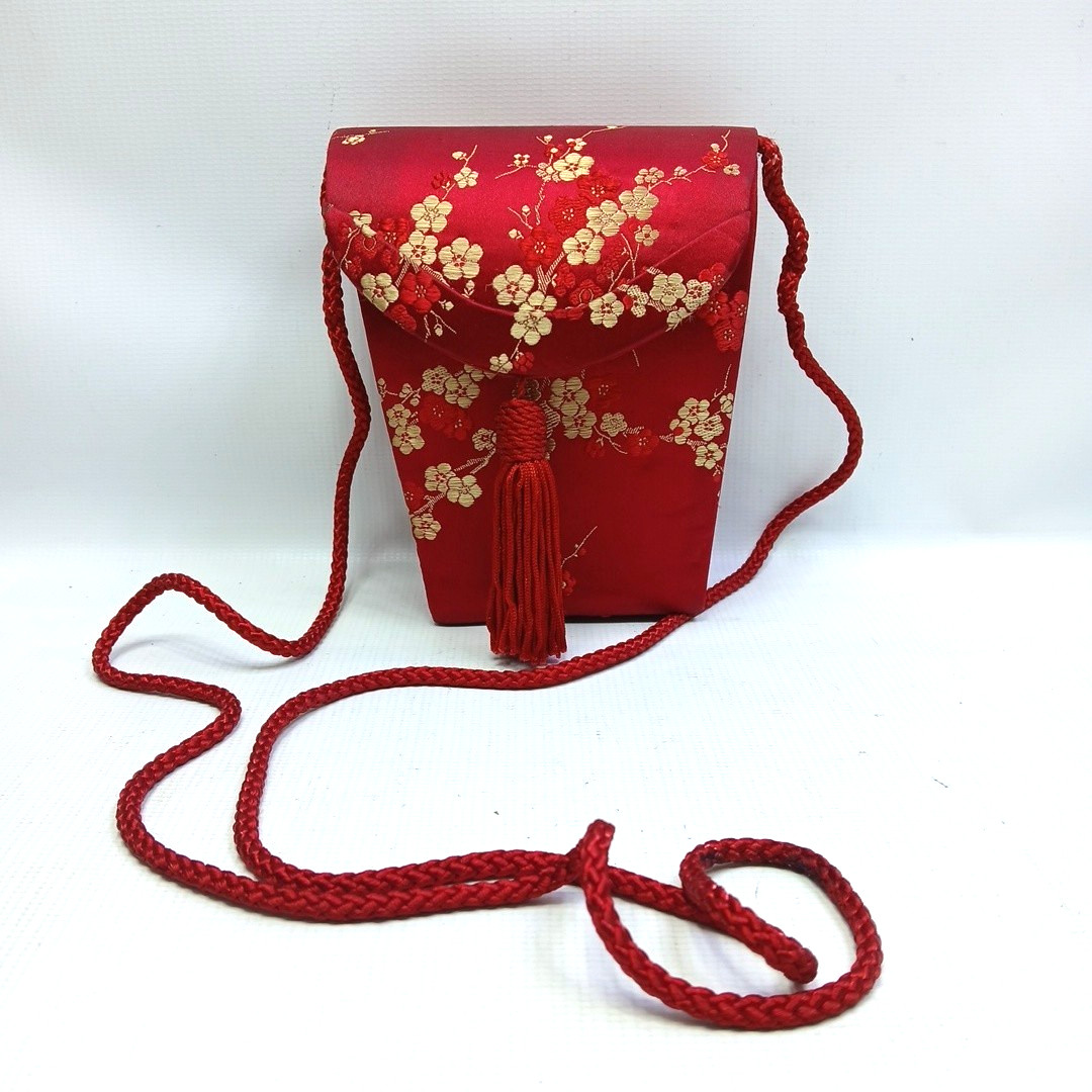 Vtg Carla Marchi Red Silk Asian-style pouch purse Gold Plum Blossom crossbody