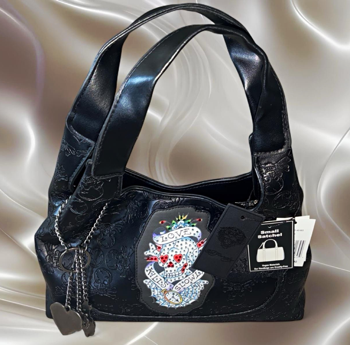 Ed Hardy Small Black Embossed Satchel Skull Love Chain Strap Heart Charm