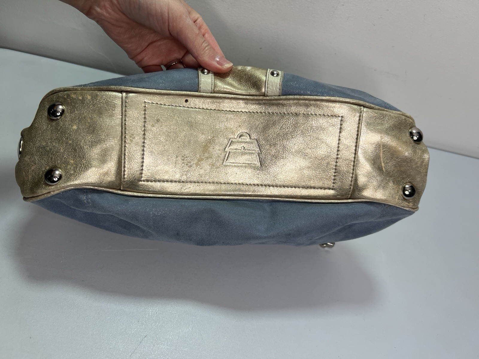 Kathy Van Zeeland Gold Blue Shimmer Distressed Purse Silver Studs Y2K