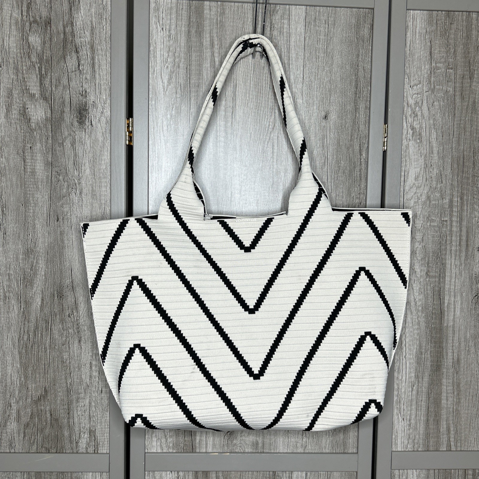 BCBG Maxazria Chevron Stripe Woven Tote White Black
