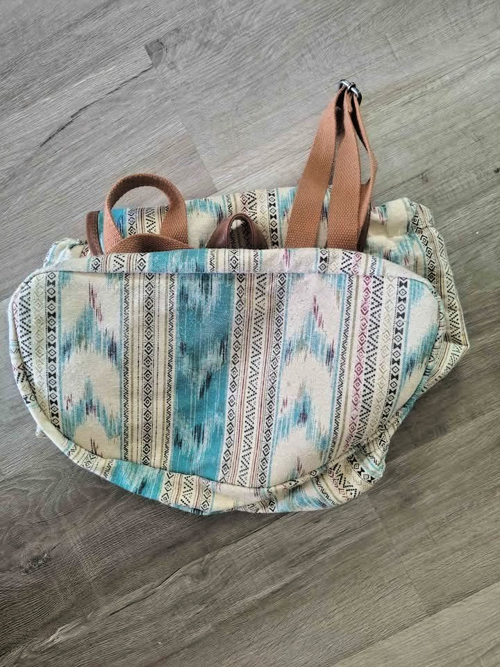 MOSSIMO SUPPLY CO. BLUE GEOMETRIC CANVAS DRAWSTRING BACKPACK TRIBAL IKAT LEATHER