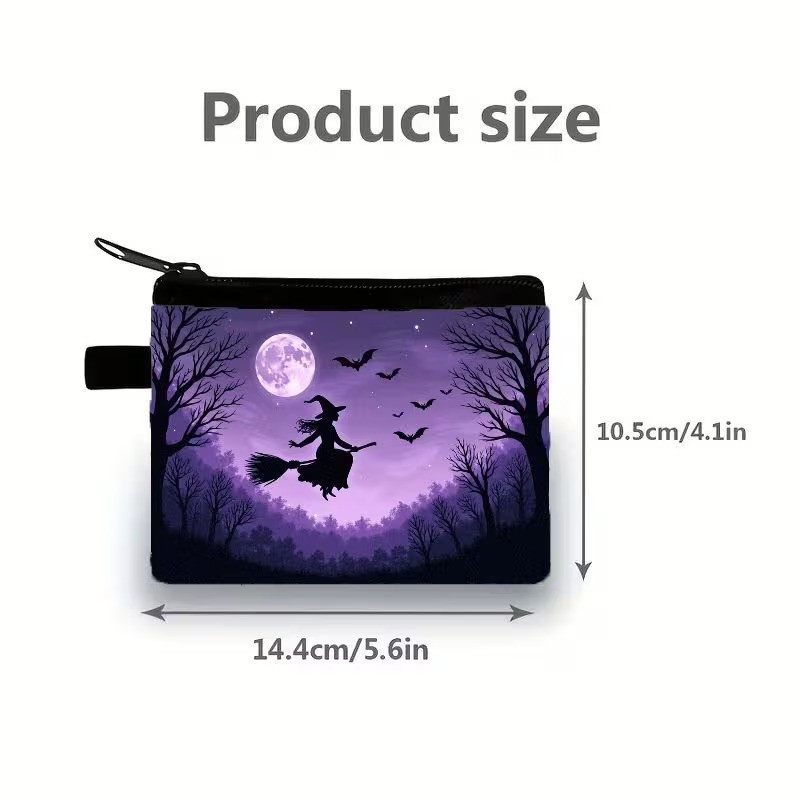 Halloween Witch Moon and Bats Makeup Bag Double-Sided 4.1h” x 5.6″w