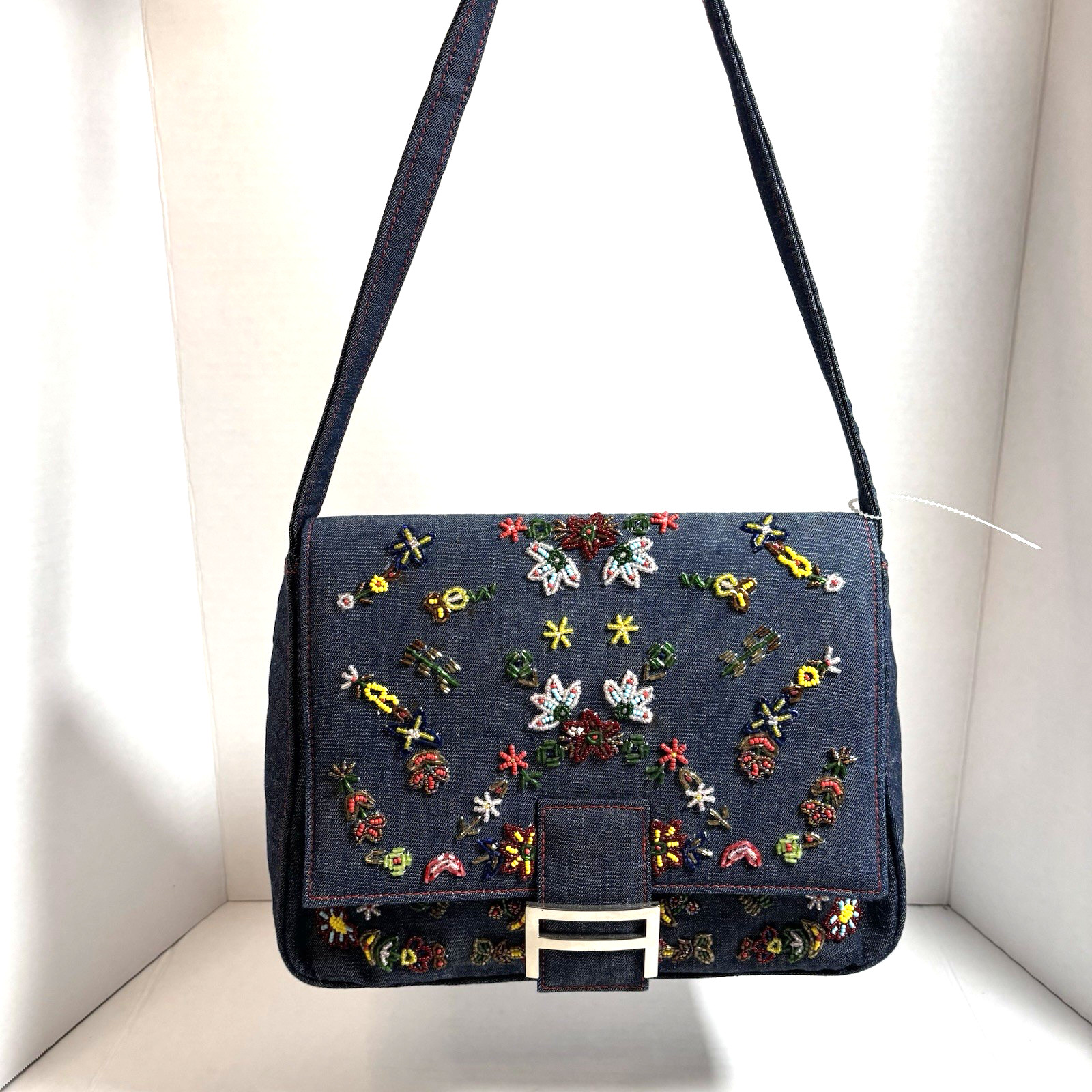 Signature Club A Handbag Beaded Floral Denim Shoulder Bag Y2K