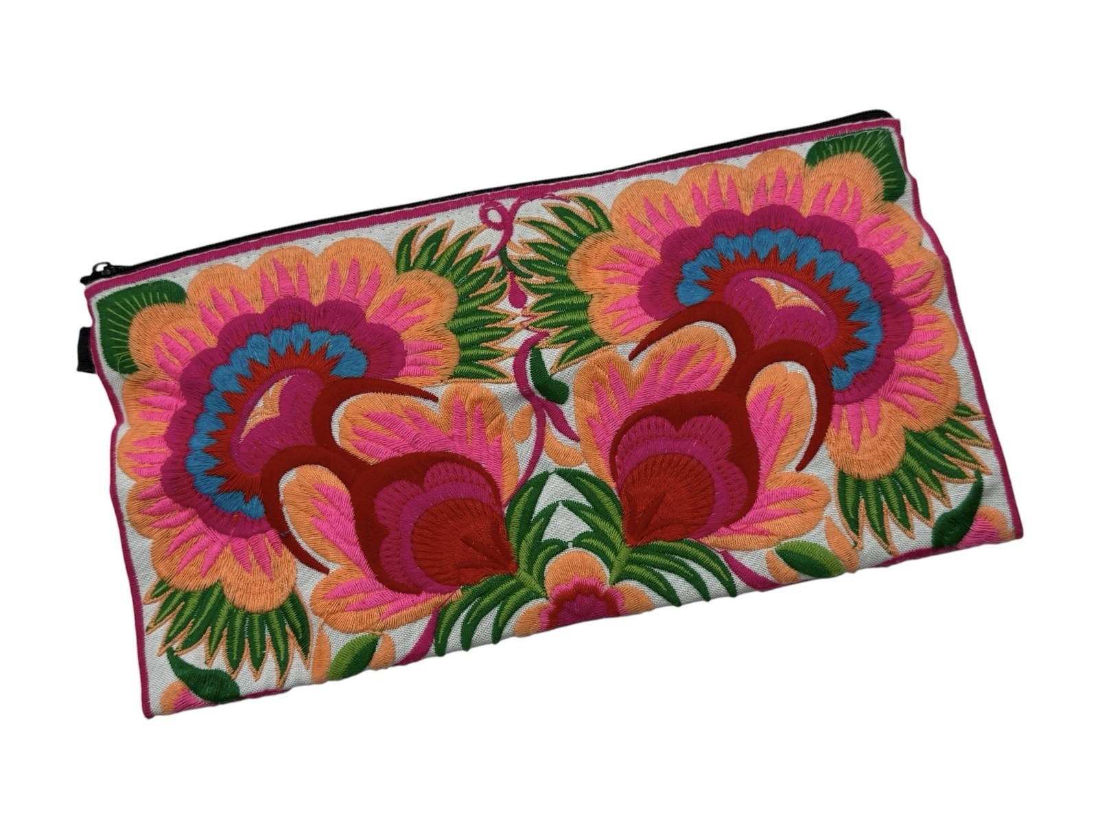 Boho Embroidered Floral Clutch Wristlet Pink Orange Festival Cosmetic Pouch