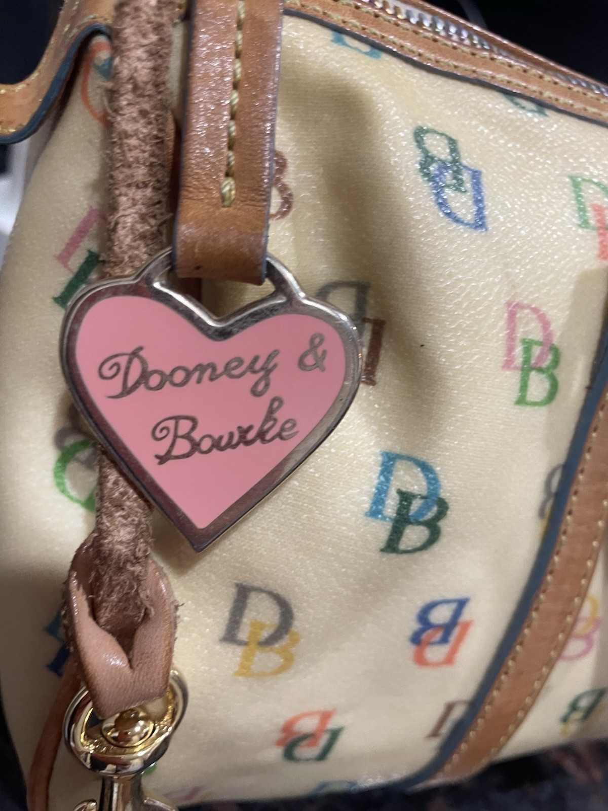 Dooney & Bourke Beige/Yellow Multicolor Logo Shoulder Bag Brown Strap Zip Charm