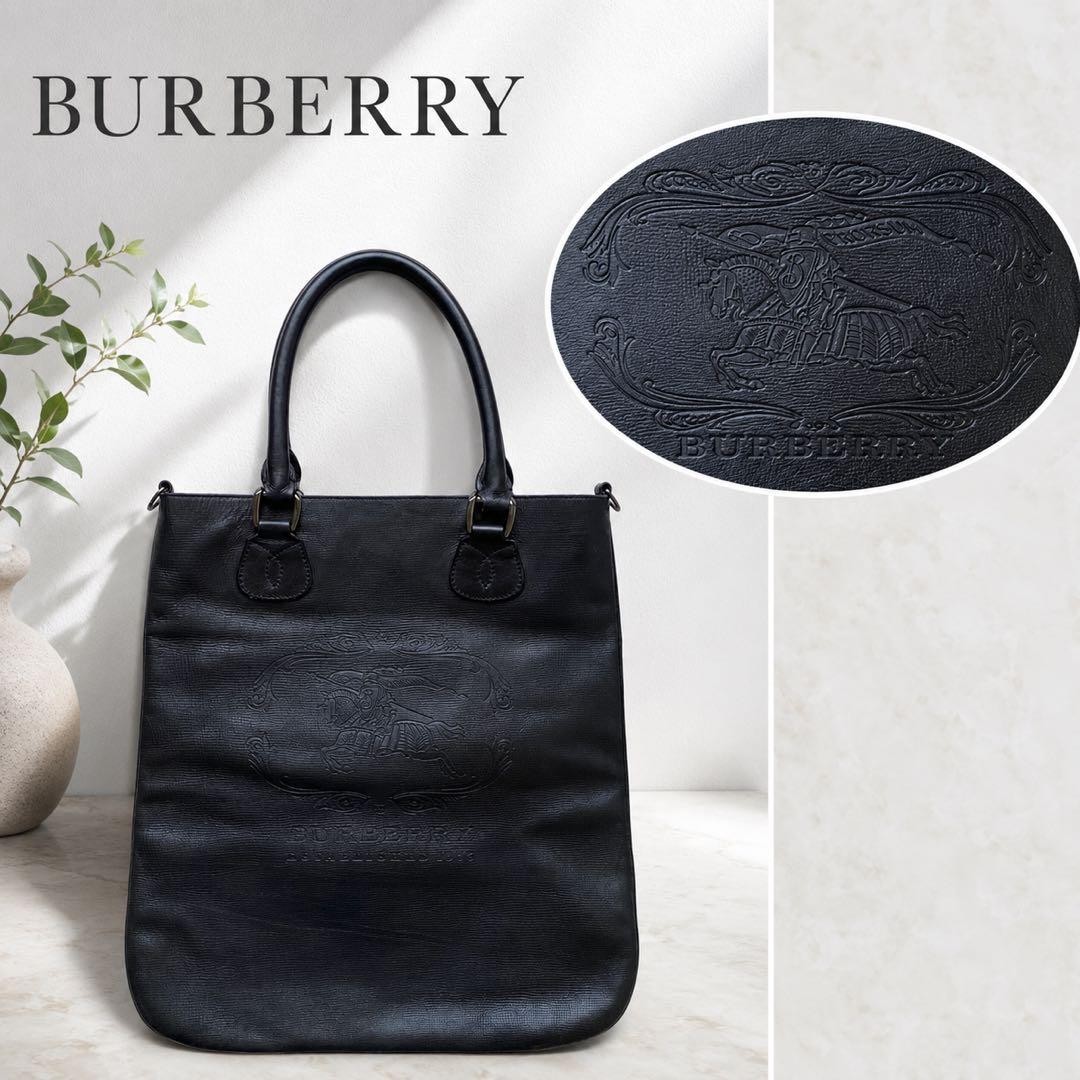 Burberry Horse Embossed Leather Tote Bag Black A4 Genuine Leather Authentic