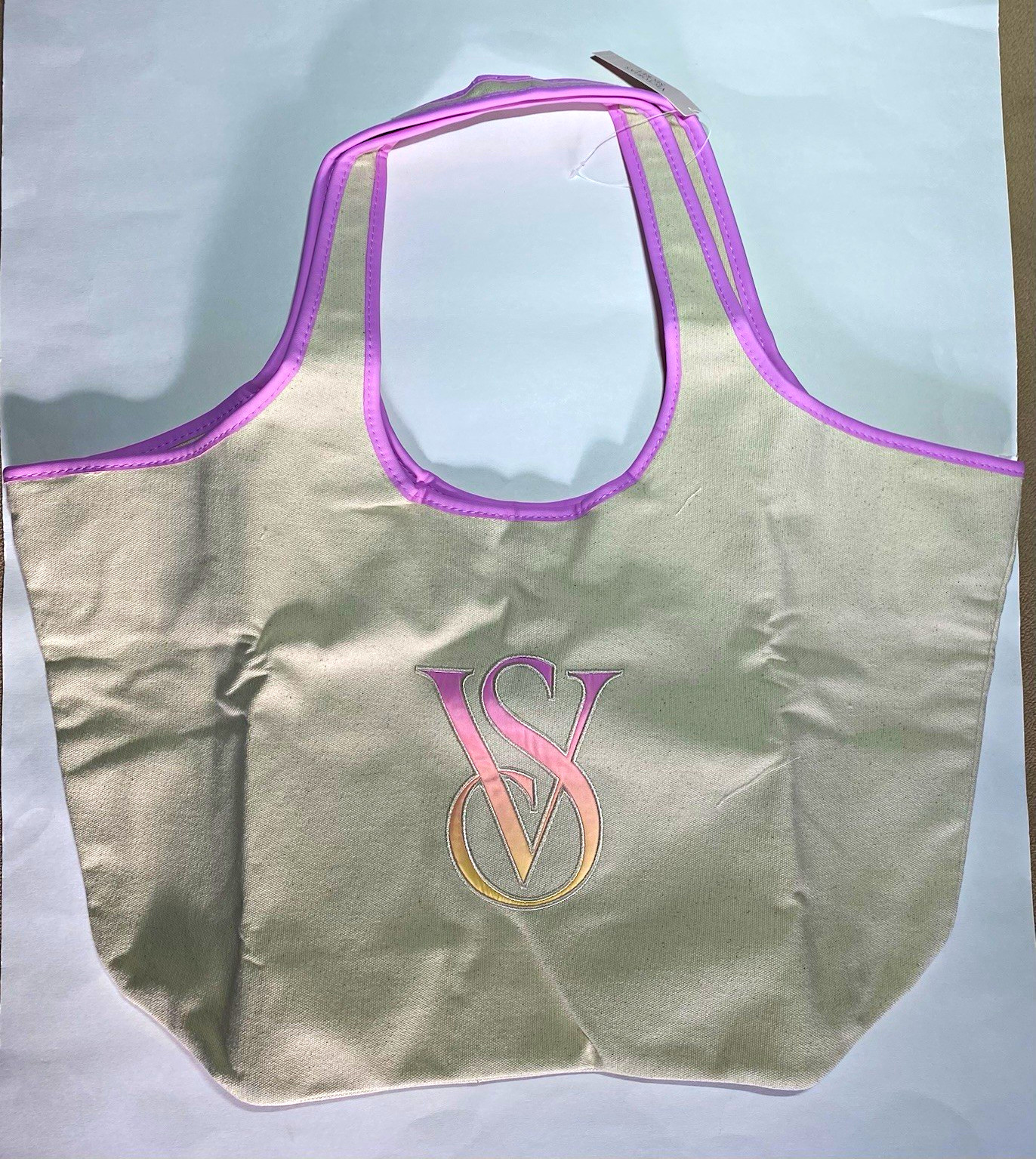 Victoria’s Secret Beige/Pink Logo Tote Bag Large Pouch Inner Pockets Open Top