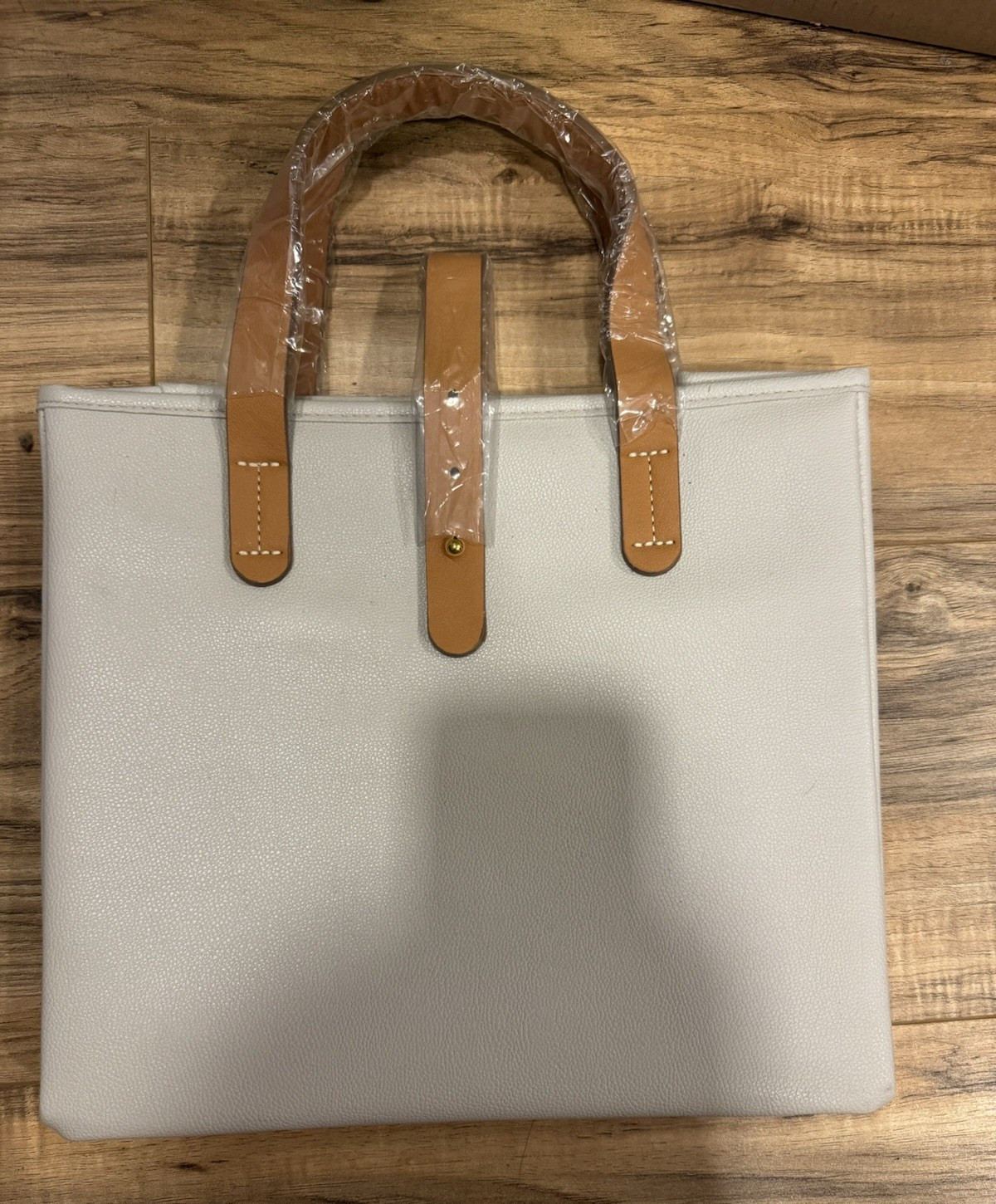 Ivory Tote Top Handle Brown Handles Detachable Strap 2 Compartments Pockets