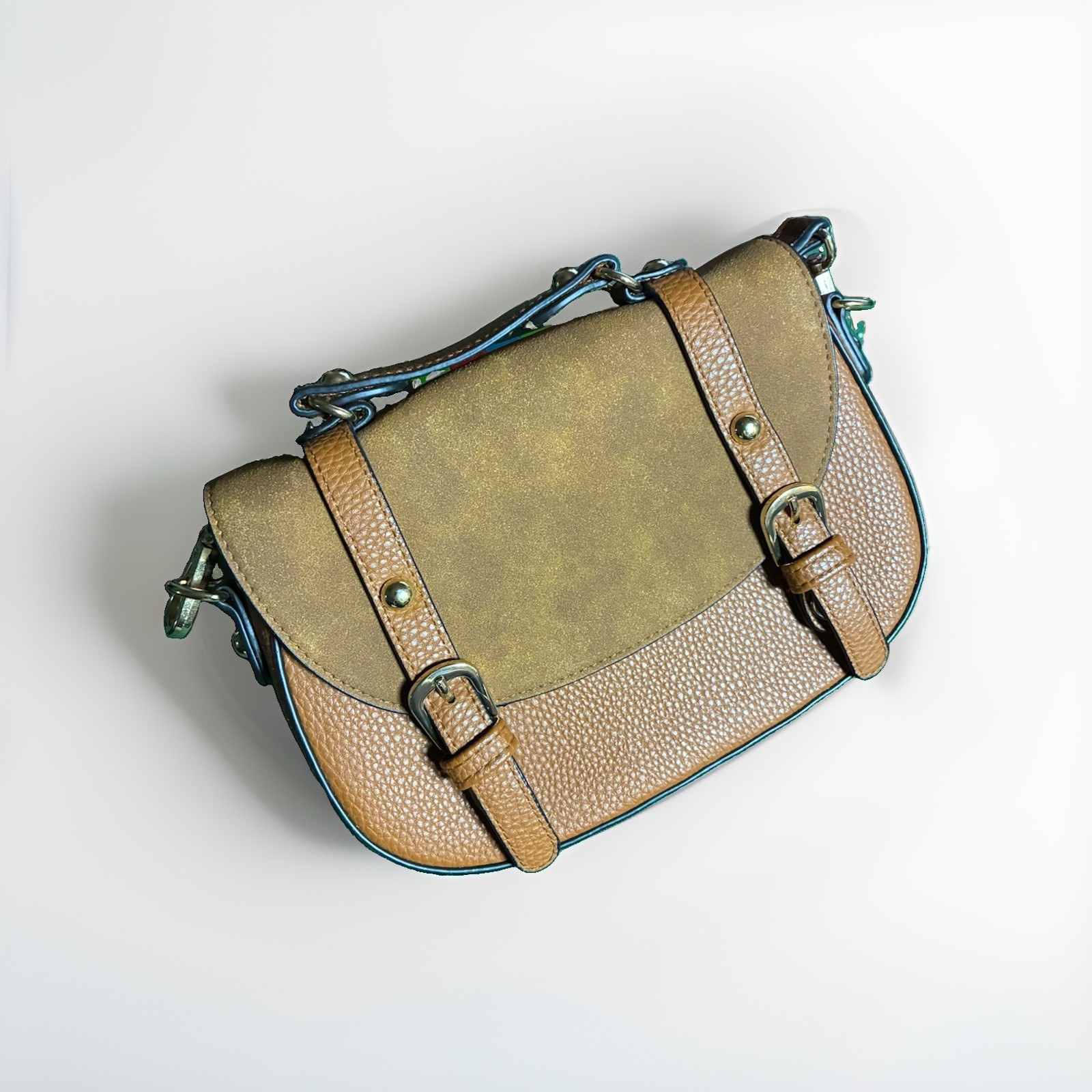 Brown/Tan Pebbled Flap Crossbody Bag w/ Buckle Closure & Detachable Strap