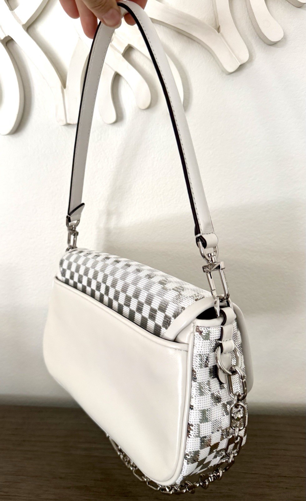 Michael Kors Parker Checker Sequence White/ Silver Handbag / Shoulder Bag Purse