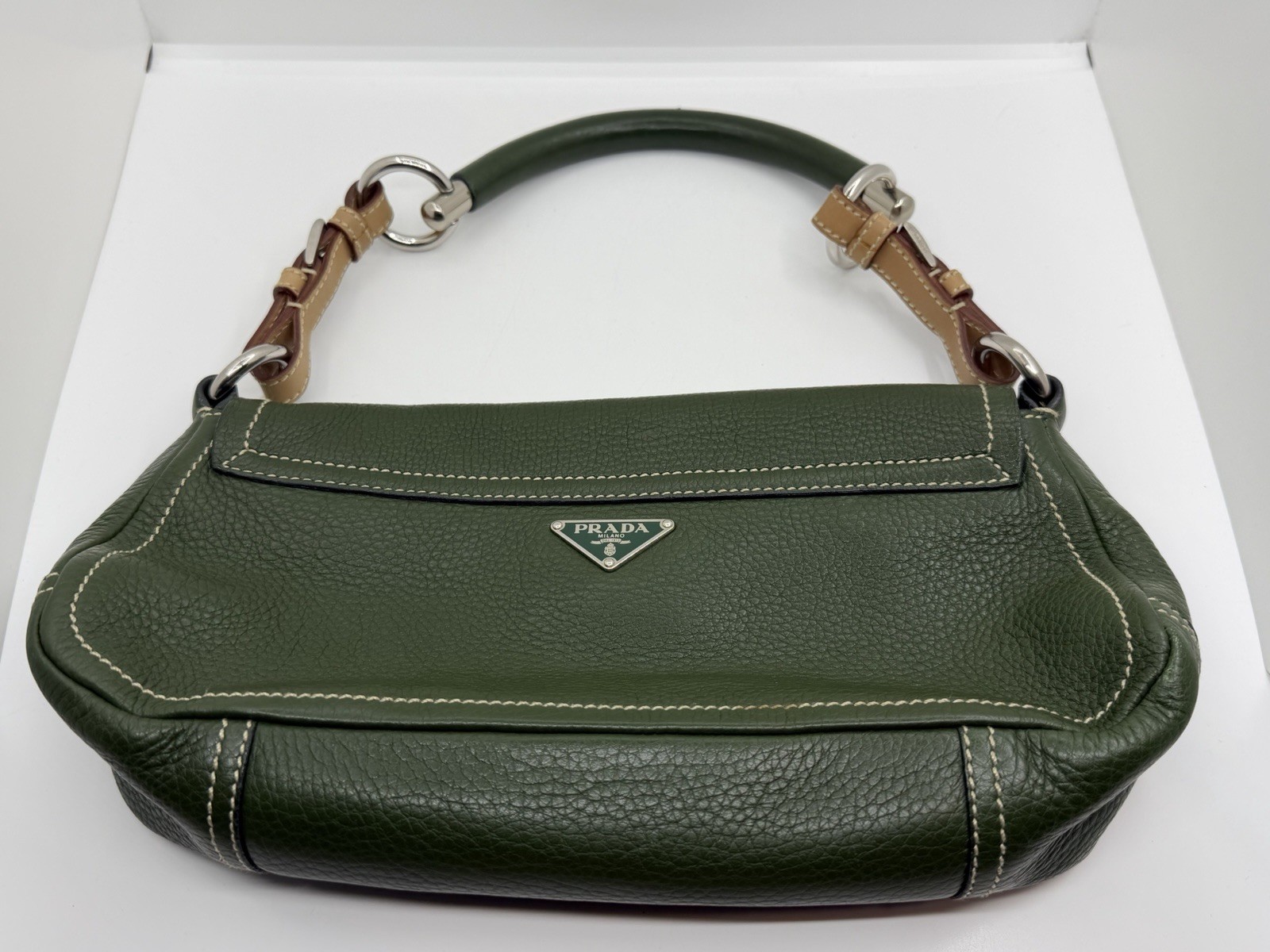 Vintage Prada Milano Vitello Daino Pebbled Leather Green Shoulder Bag Silver