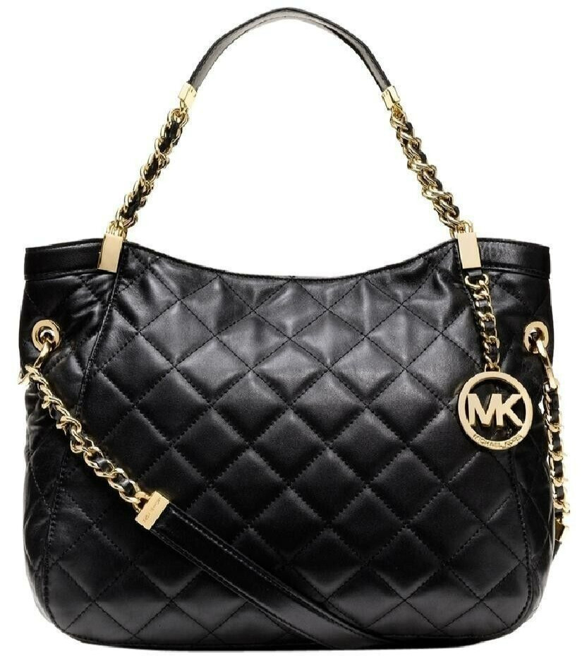 🌞MICHAEL KORS SUSANNAH BLACK QUILT LEATHER GOLD LOGO MEDIUM SHOULDER BAG🌺NWT!