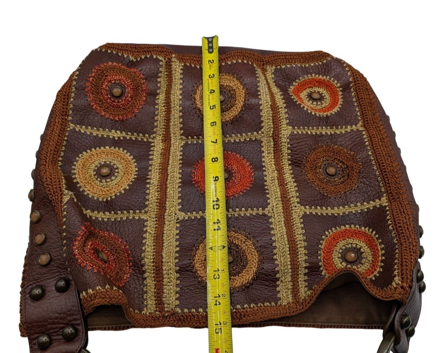 Isabella Fiore Brown Leather Studded Embroidered Shoulder Bag W Bohemian Design