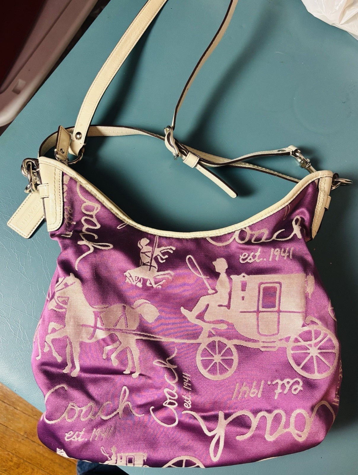 Coach purple satin Horse and Carriage hobo shoulder bag with white leather trim