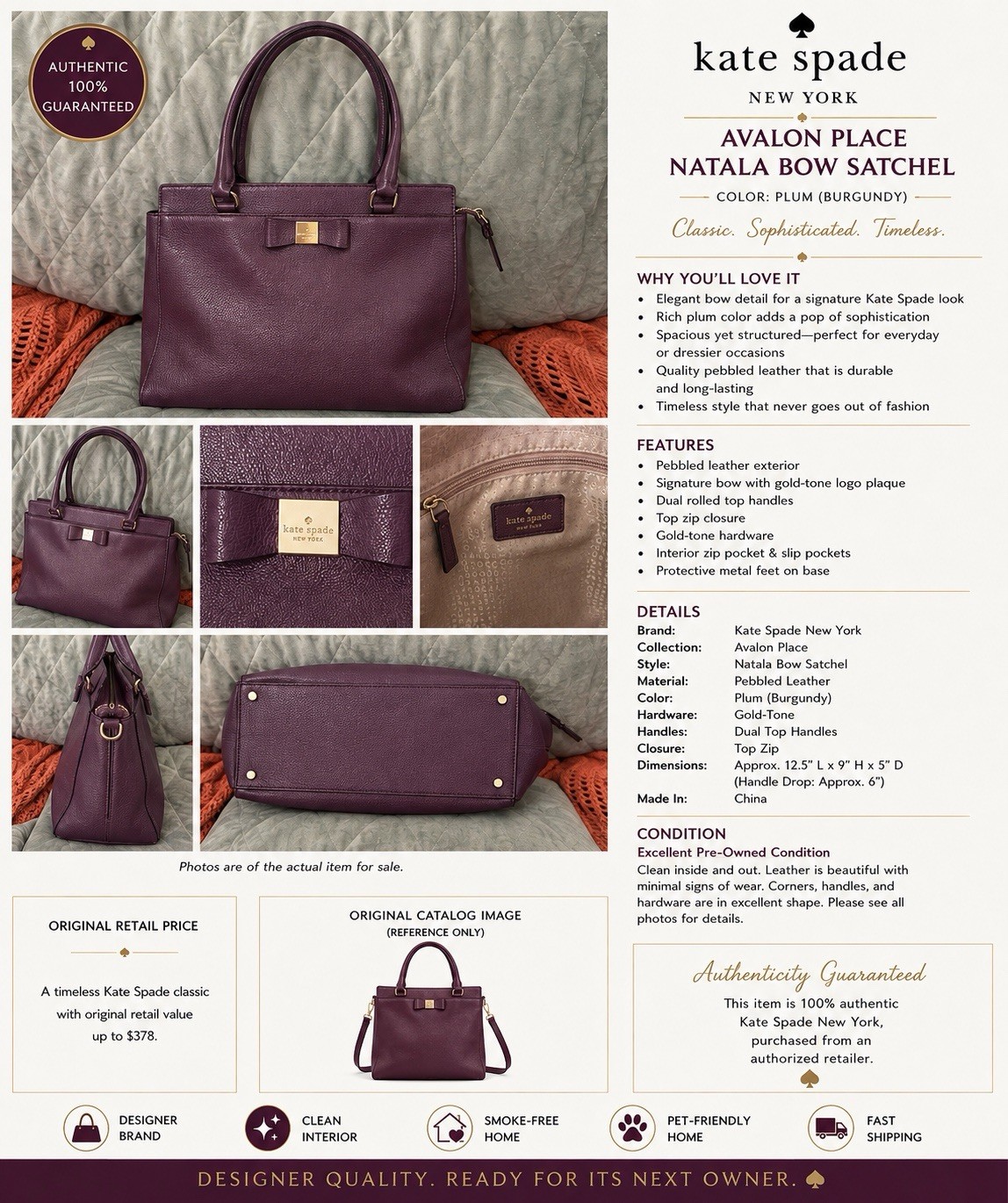 Kate Spade New York Avalon Place Bow Satchel Medium Plum Zip Detachable Strap
