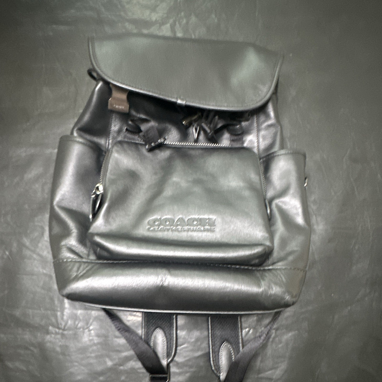 Coach Black Drawstring Zip Backpack w/ Inner Pockets, Lined, Silver Hardware