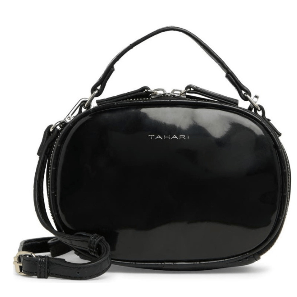 TAHARI Laguna Crossbody Bag, Vegan Patent Leather, Black, Adjustable Strap, NWT