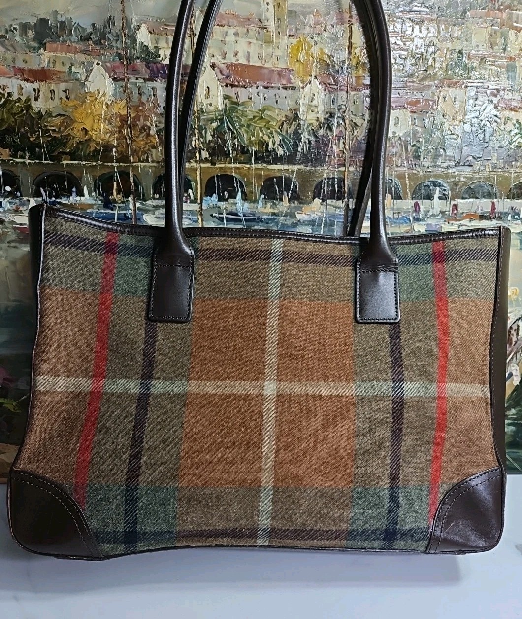 Ann Taylor Wool Blended Plaid Pattern Tote Shoulderbag 14x10x4.5