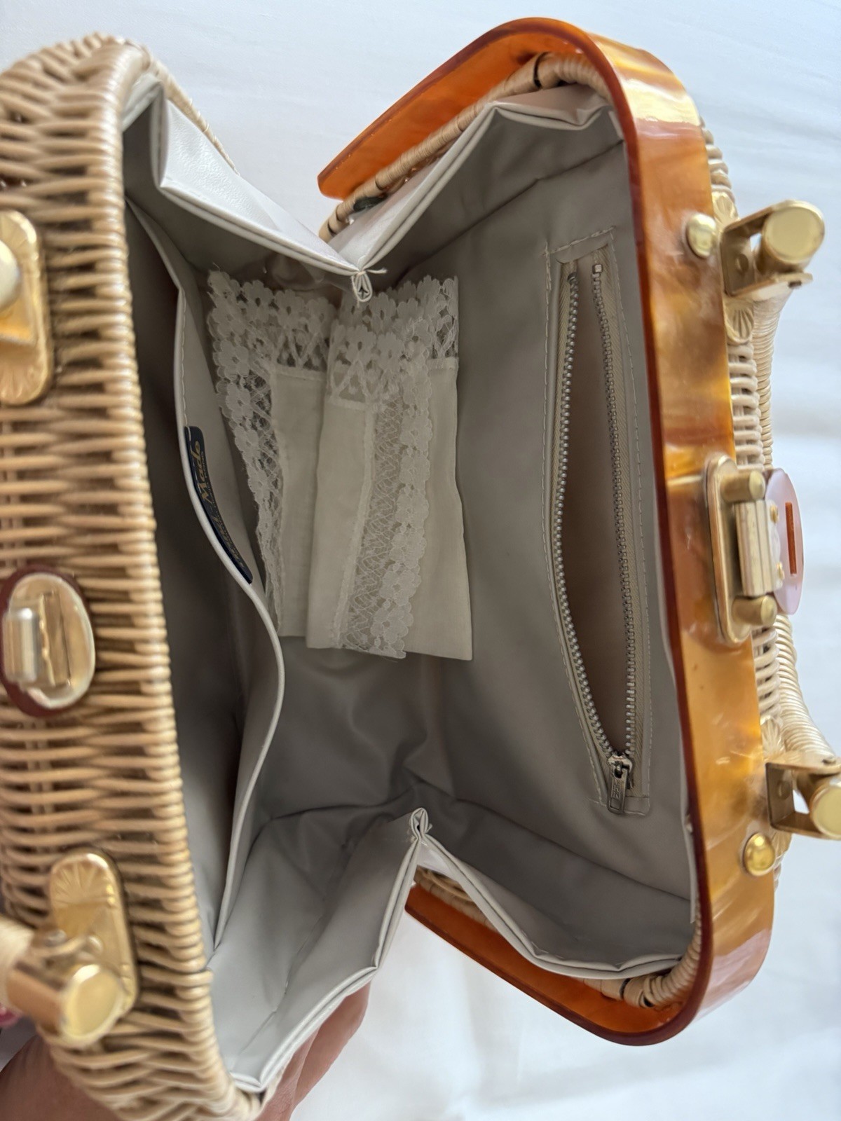 Beige Woven Wicker Top Handle Satchel, Beaded Accents, Gold Latch, Lined