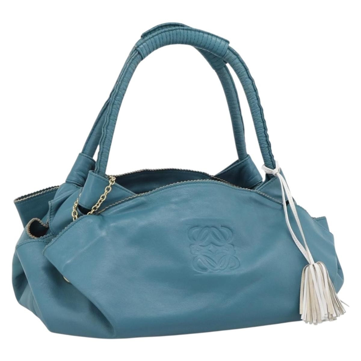 LOEWE Nappa Aire Anagram Hand Bag Leather Blue Gold Auth bs36683