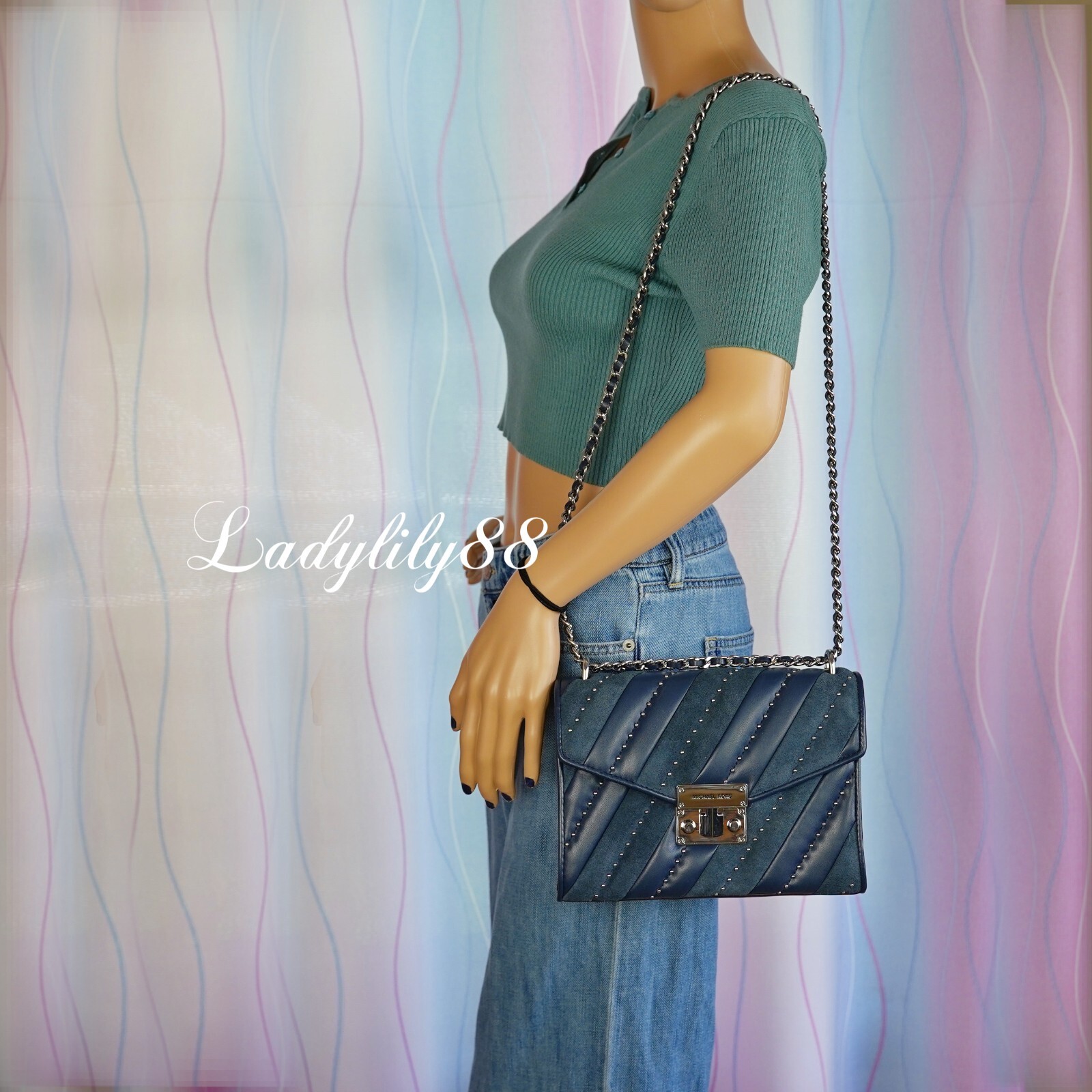 NWT Michael Kors Rose MD Navy Flap Shoulder Bag Crossbody Vegan Leather $528