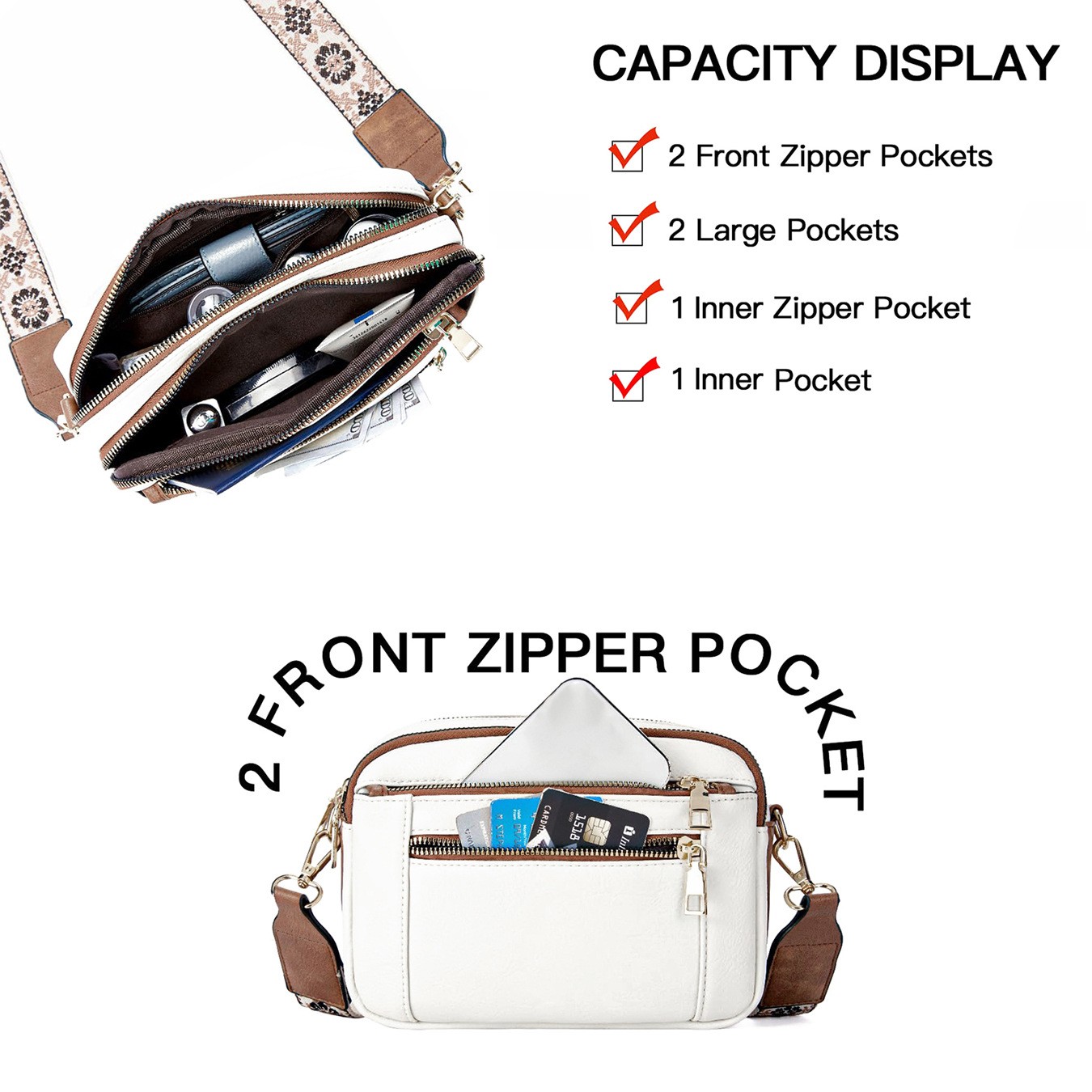 Triple-zipper Shoulder Bag With Floral Embroidered Straps Fashion Colorblock Mul