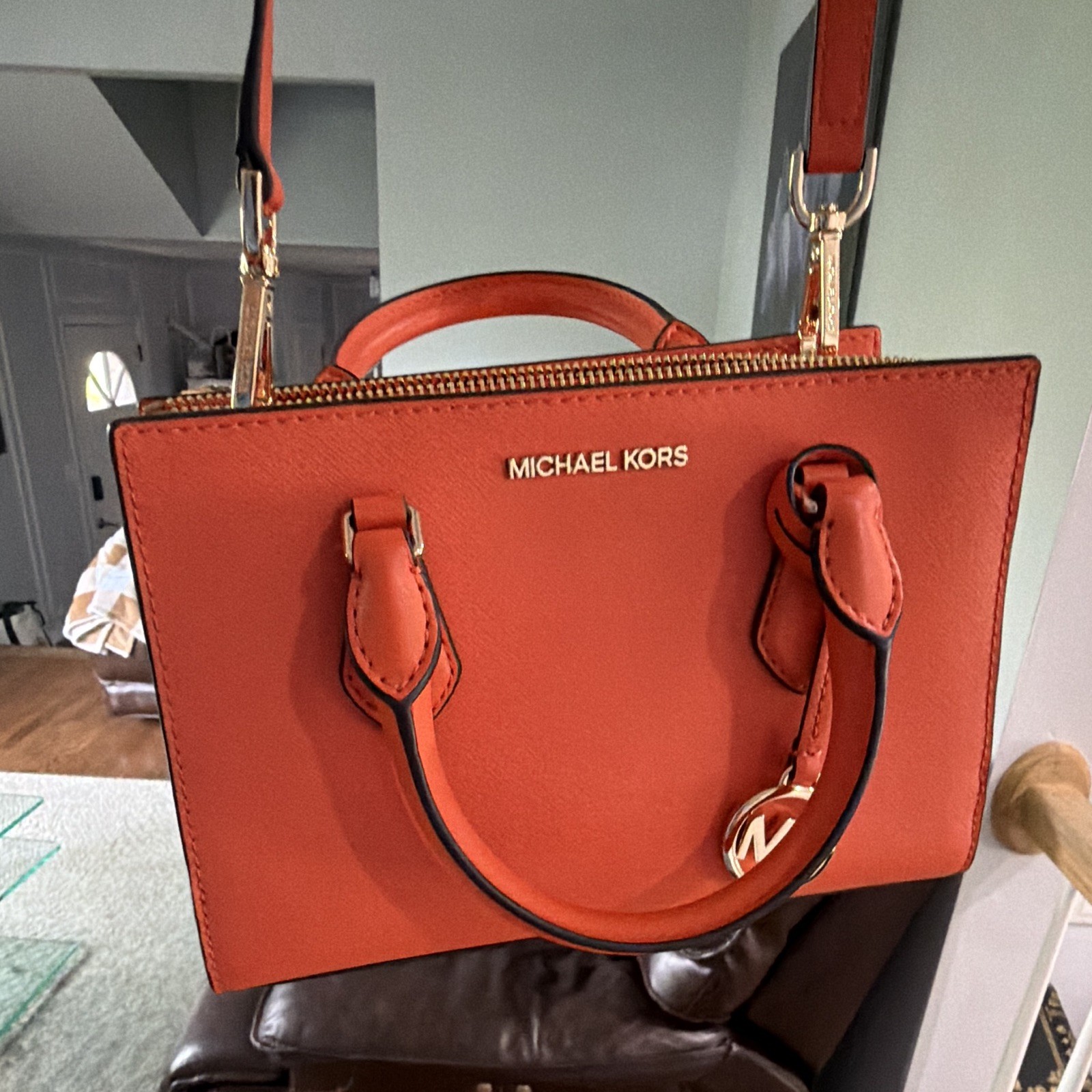 Michael Kors Orange Satchel Top Handle Bag Zip Closure Detachable Strap Gold