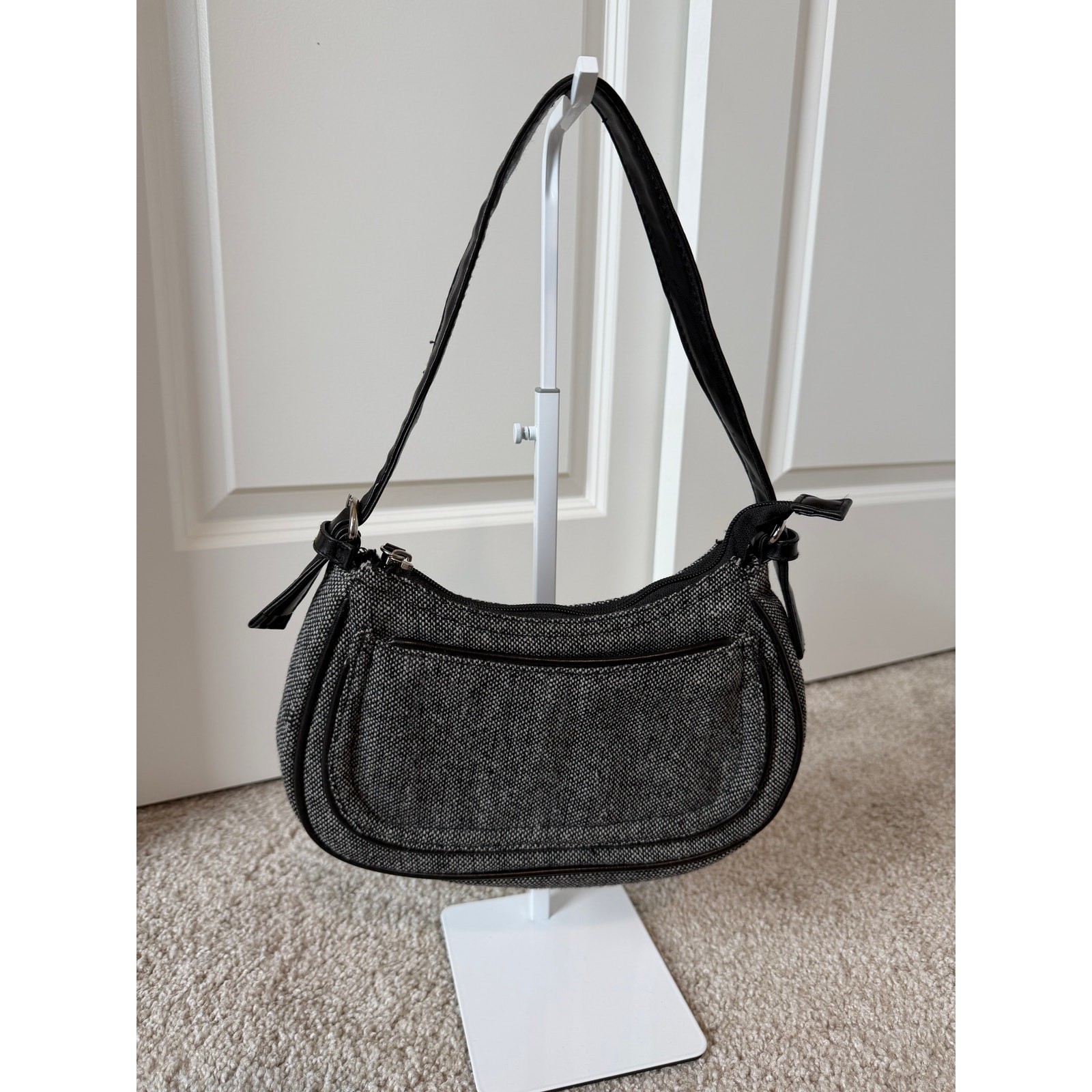Y2K Dark Academia Black Gray Tweed Mini Shoulder Bag Baguette Purse Old Money