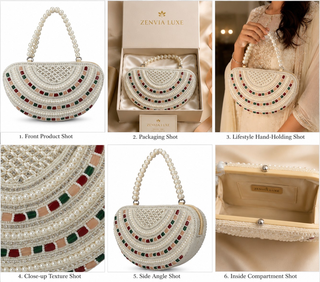Luxury Pearl Beaded Half Moon Evening Clutch Bag Wedding Party Bridal Handbag