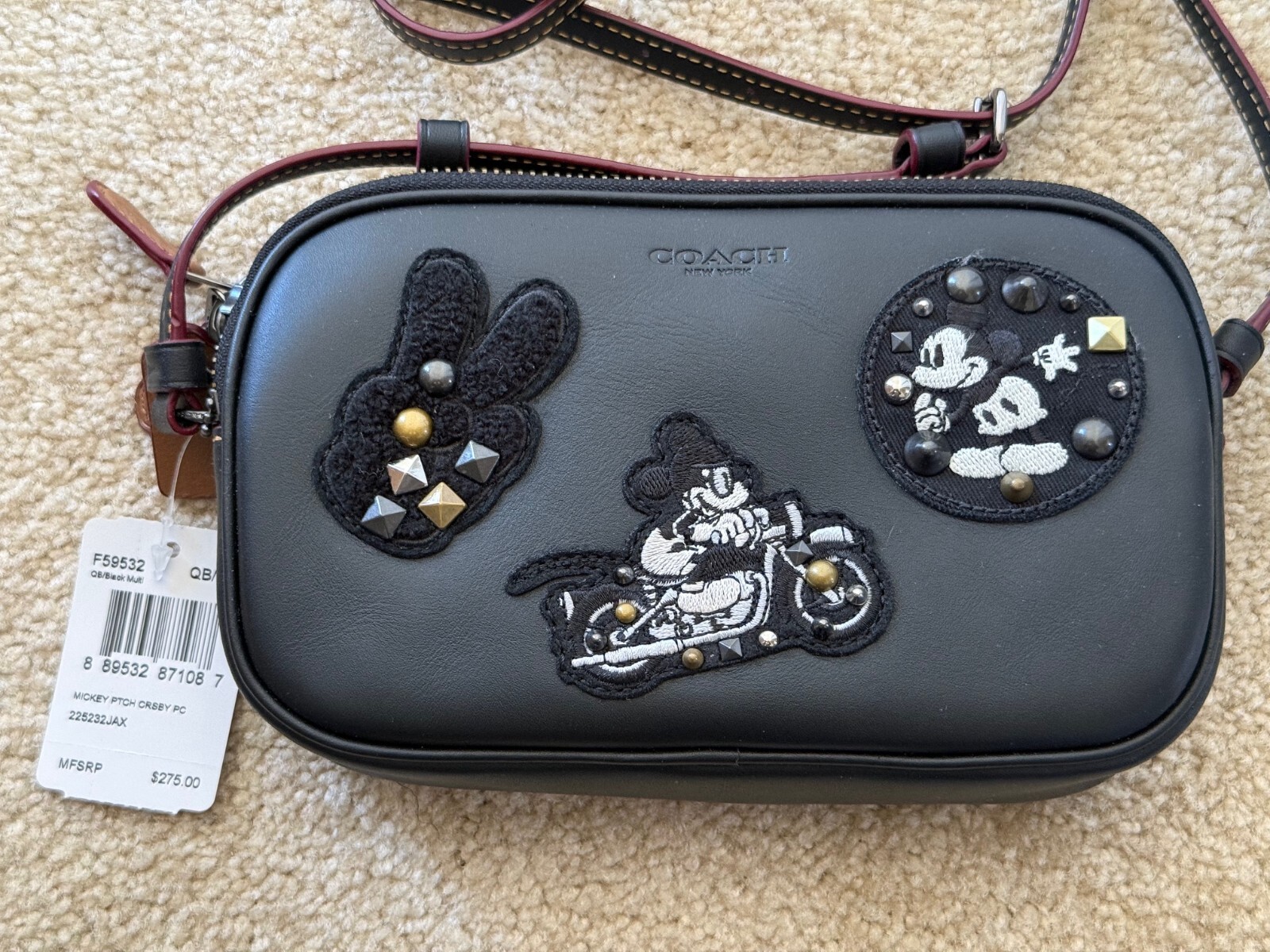 NWT Coach X Disney F59532 Mickey Biker Patches Crossbody Pouch Leather Black