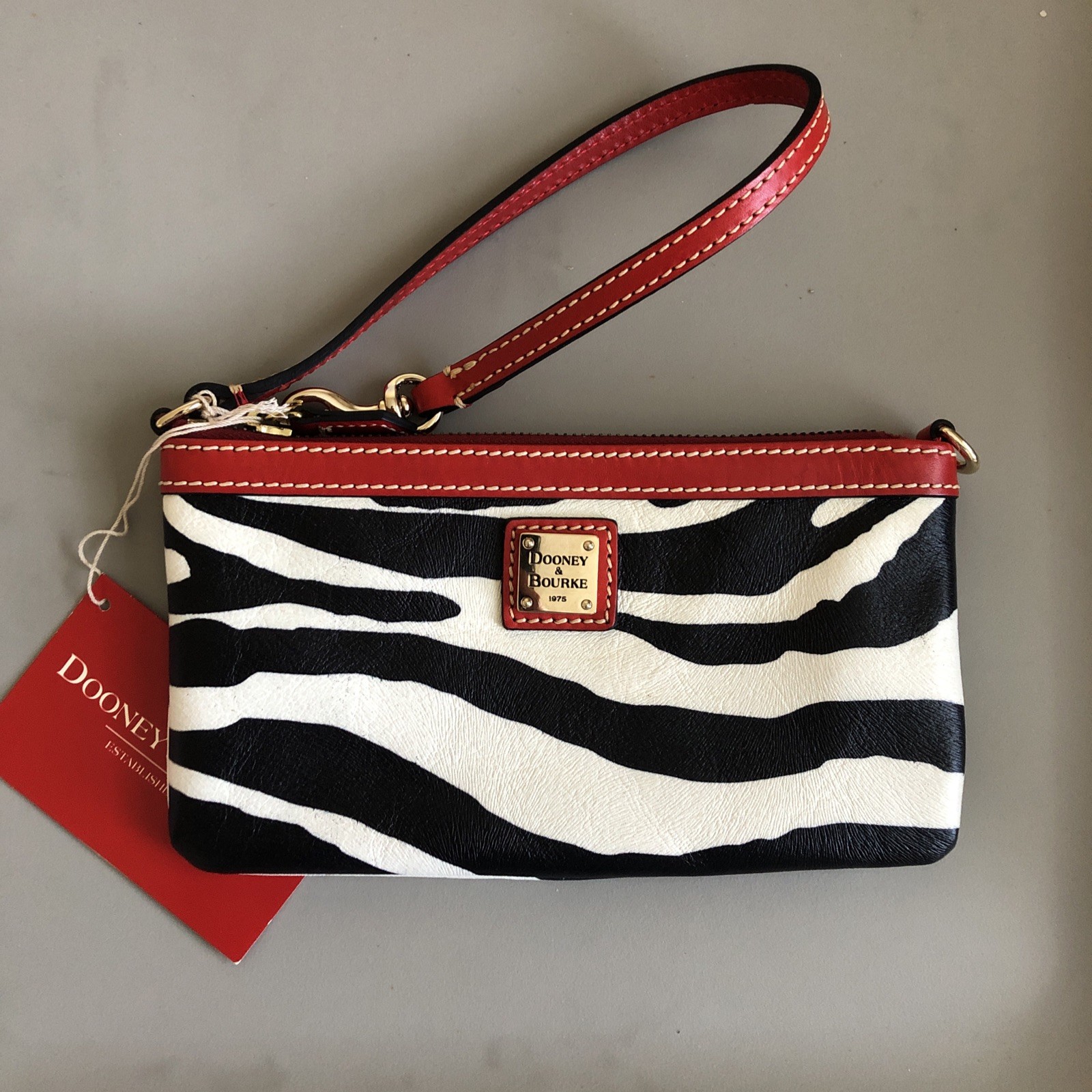 Dooney & Bourke Zebra Leather Large Slim Wristlet RED TRIM Vintage With Tags