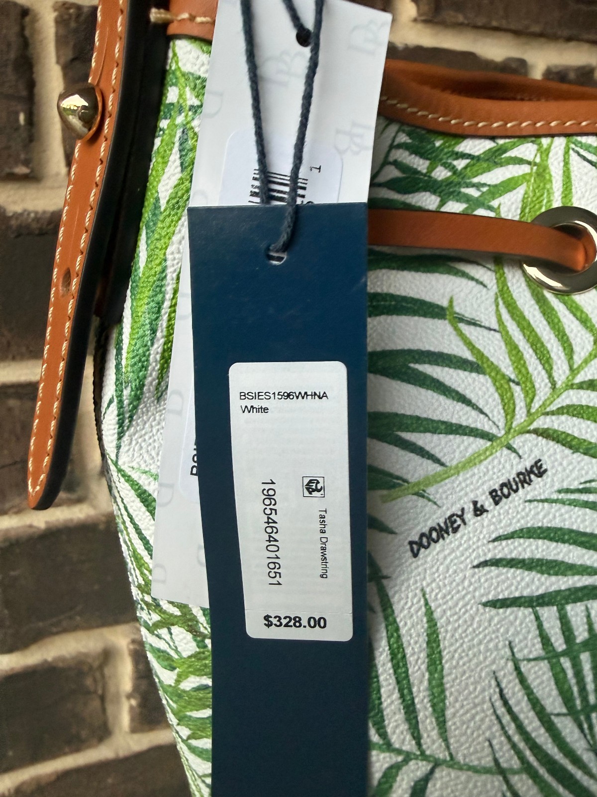 NWT$328 Dooney & Bourke Siesta Key Tasha Palm Leaf Drawstring Bucket white green