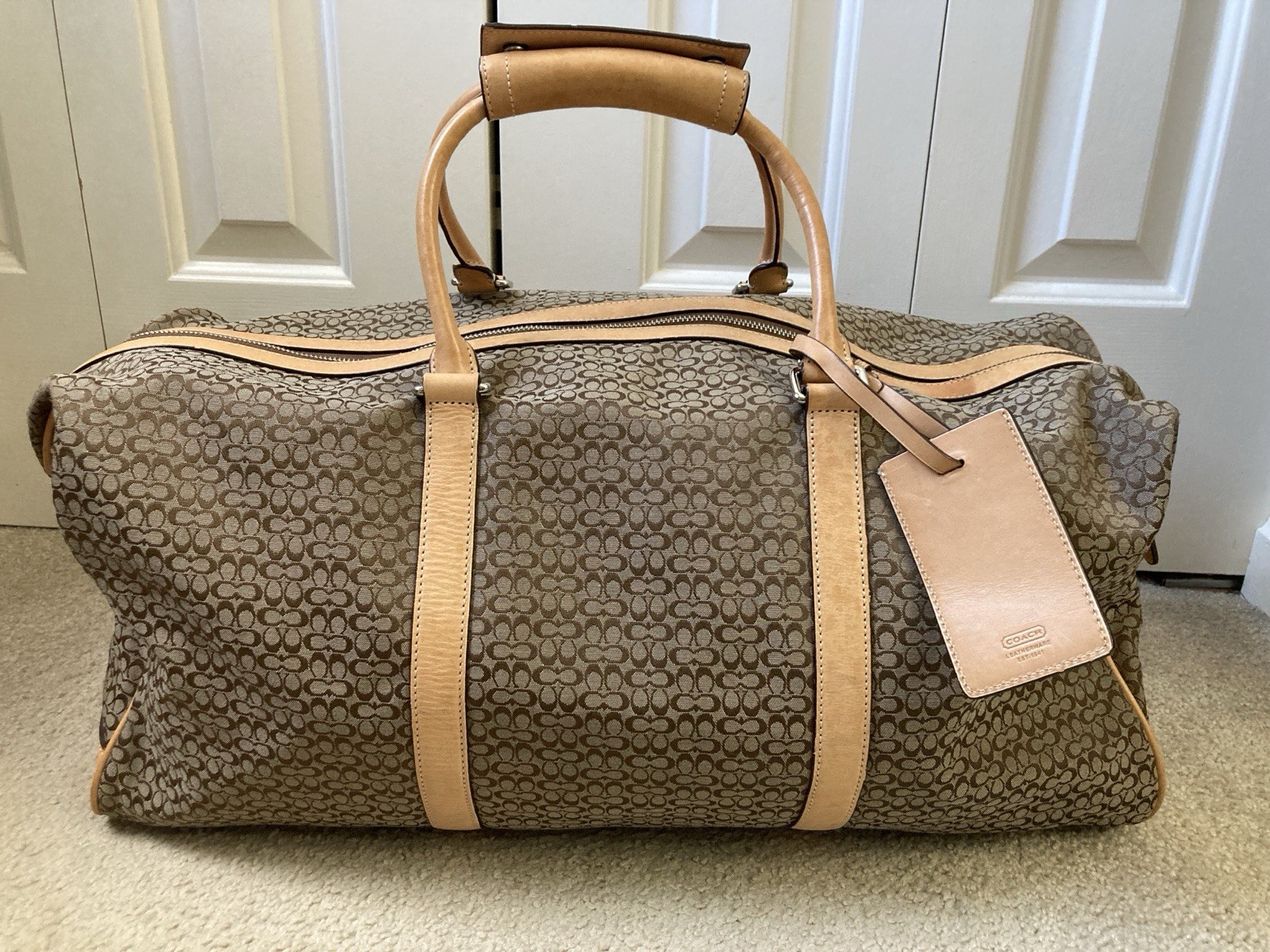 Genuine Coach Signature Duffle Bag – Brown/Tan with Tan Leather Trim F77013