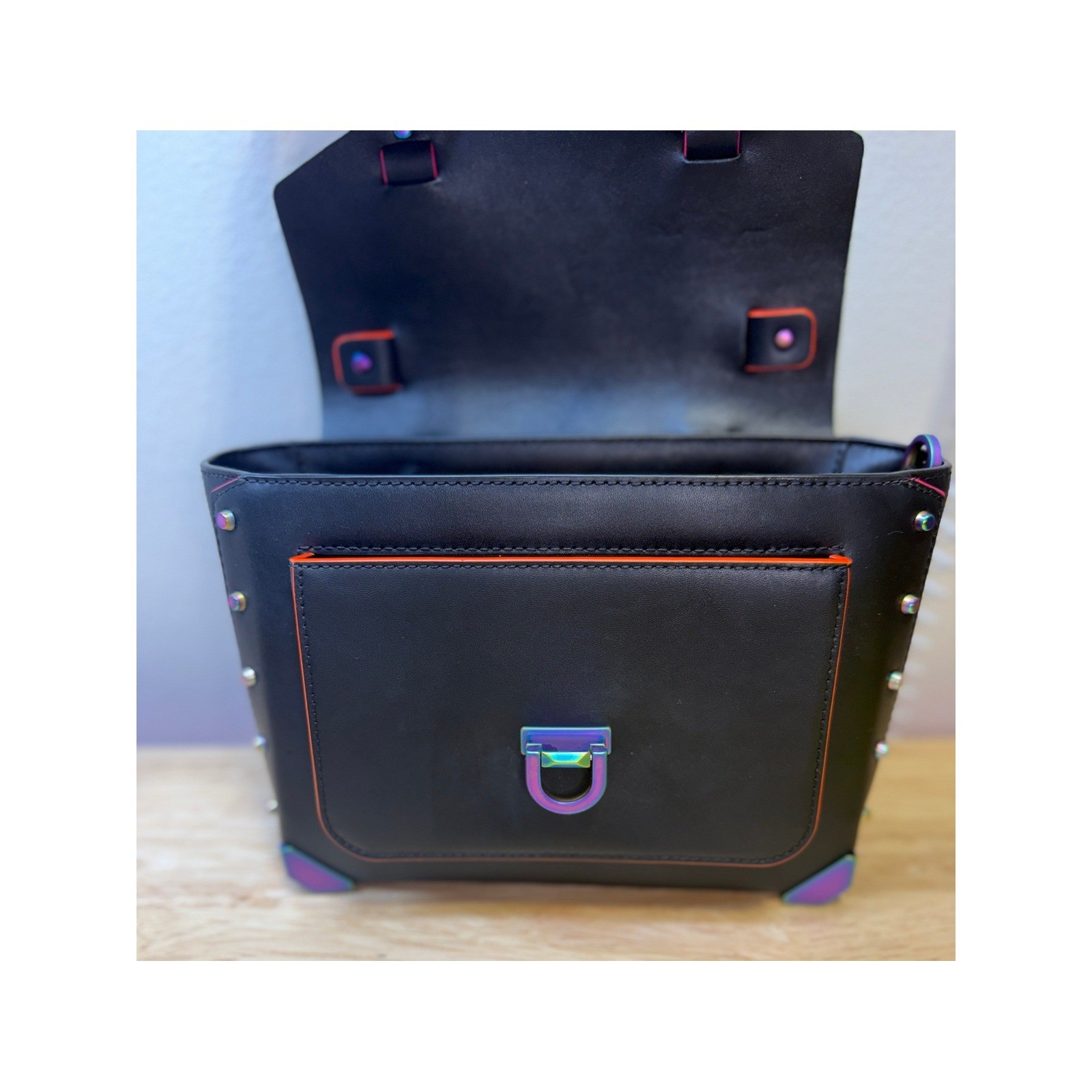 MICHAEL KORS Manhattan Rainbow Iridescent Neon Purple Black Orange Satchel Bag