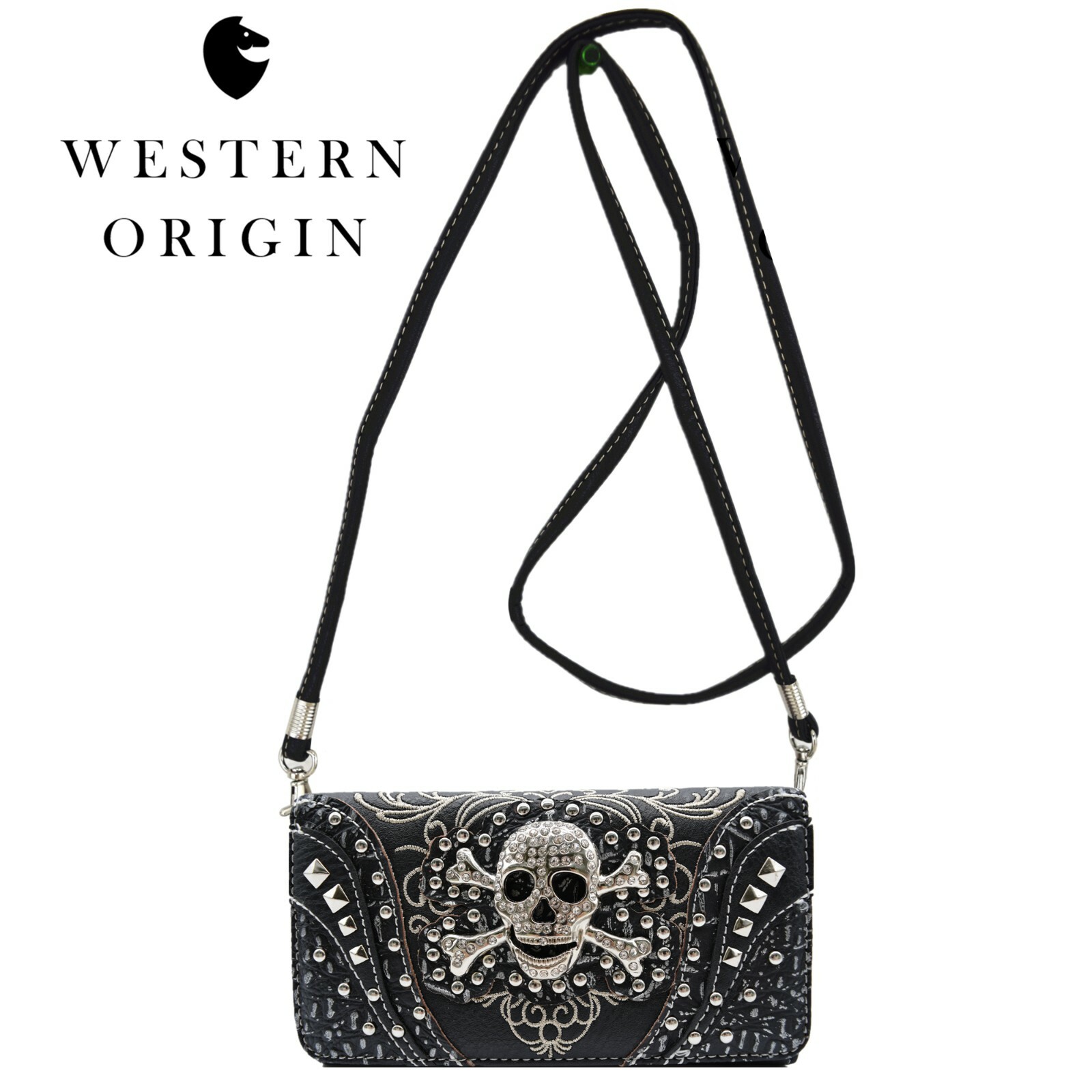 Punk Gothic Skull Crossbone Goth Purse Women Shoulder Bag Crossbody Wallet Black