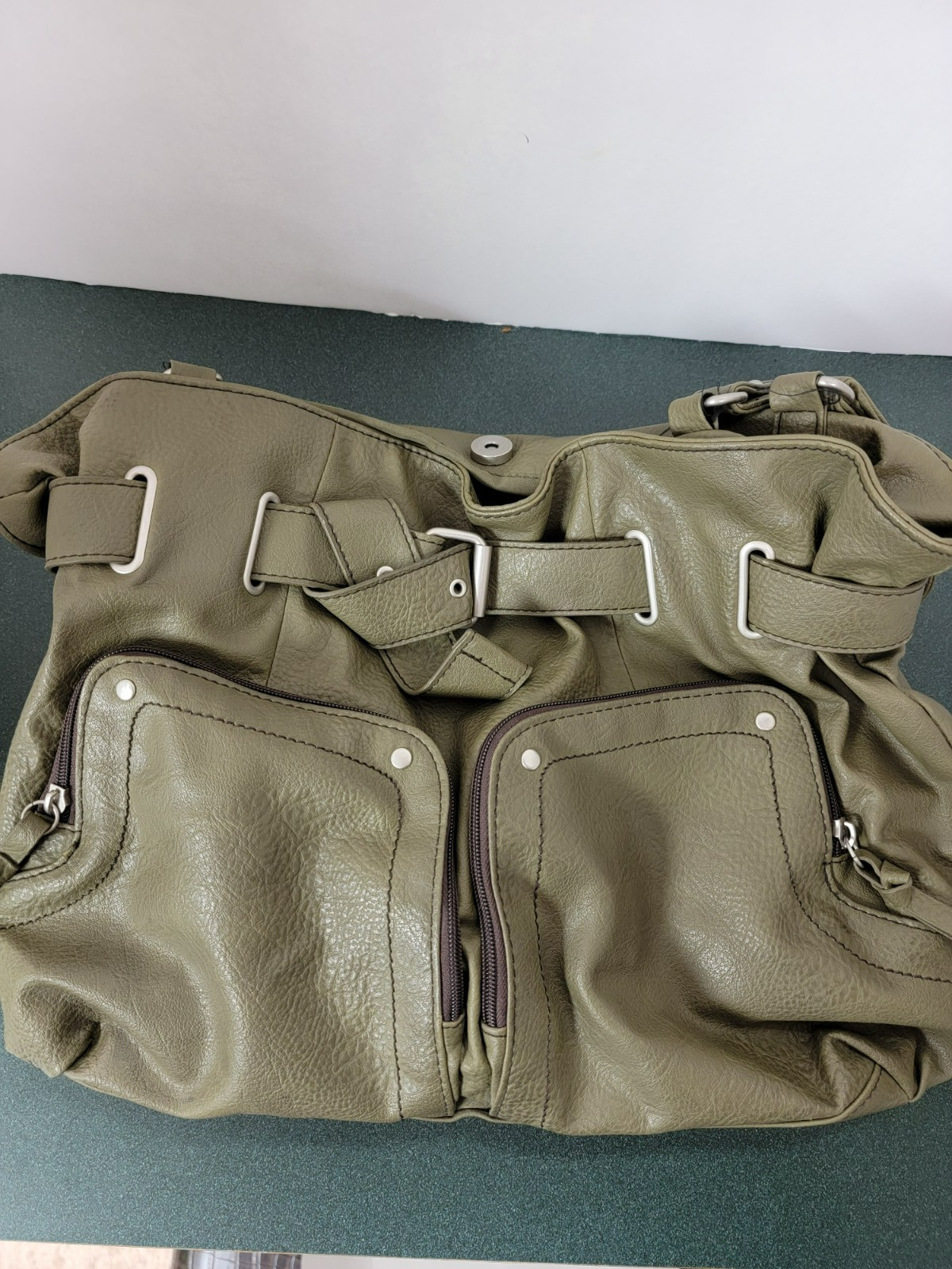 MERONA~OLIVE Slouchy Hobo Shoulder Bag Purse Faux Leather Tote Pockets Y2K Style