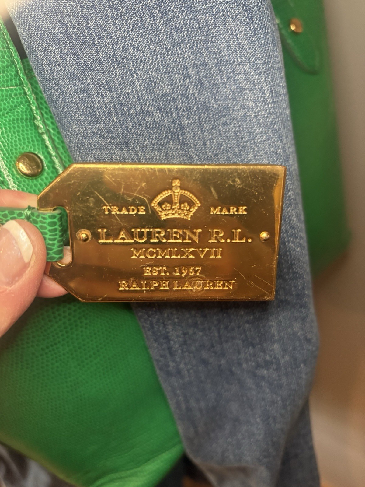 Lauren Ralph Lauren Green Lizard Embossed Tote Bag Preppy Equestrian Style