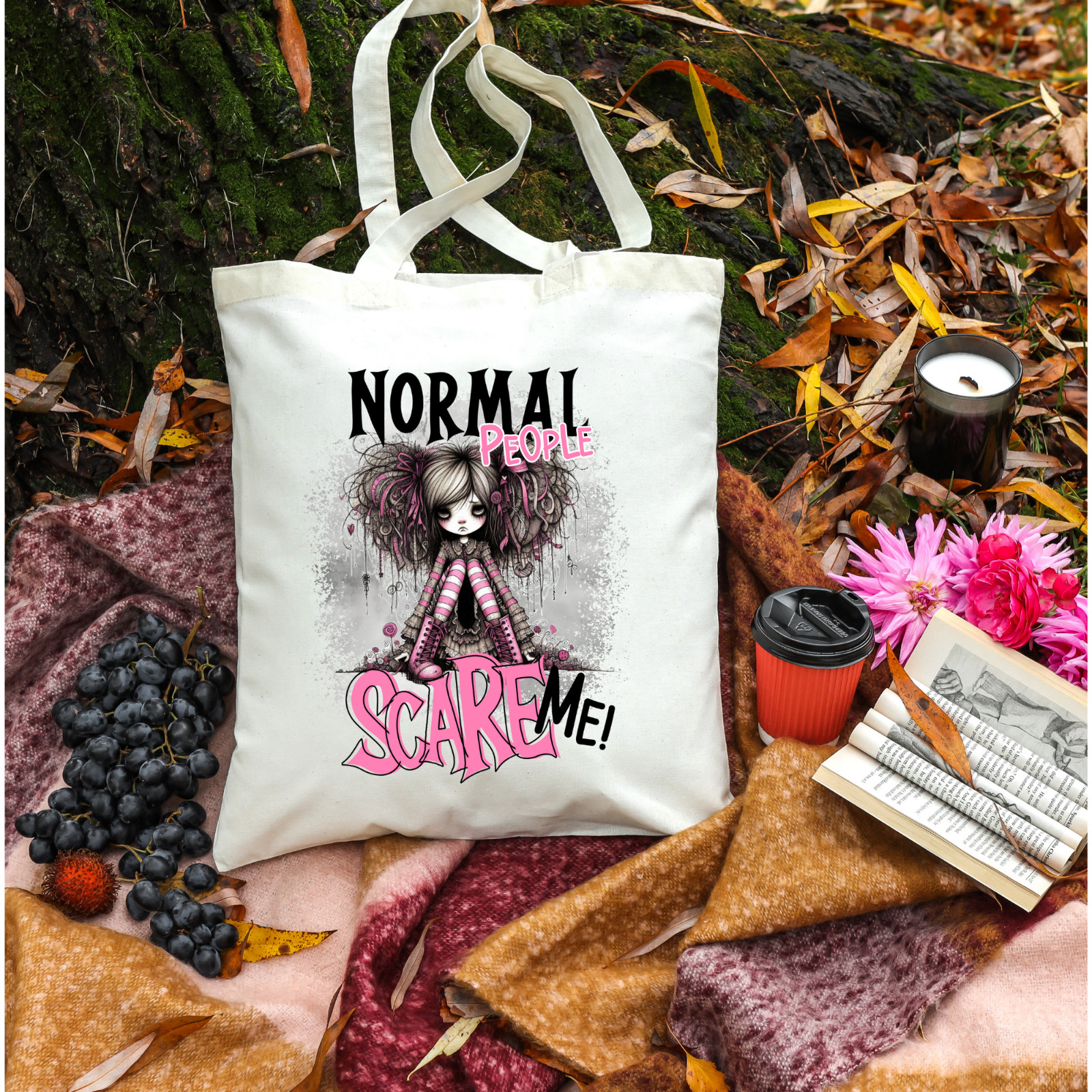 Canvas Tote, Normal People Scare Me/Colored Handles/Personalize/12×14″/(Tote62)