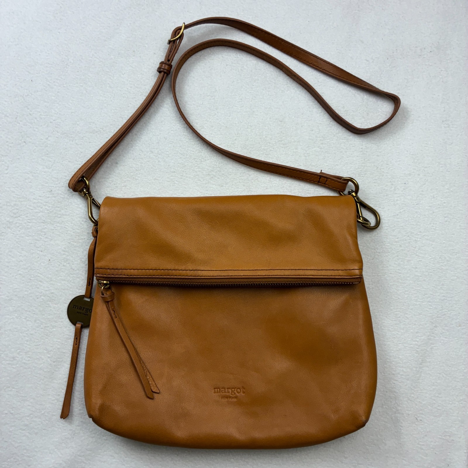 $150 Margot New York ROBBIE Foldover Leather Crossbody Flap Bag Brown Hobo 11×9