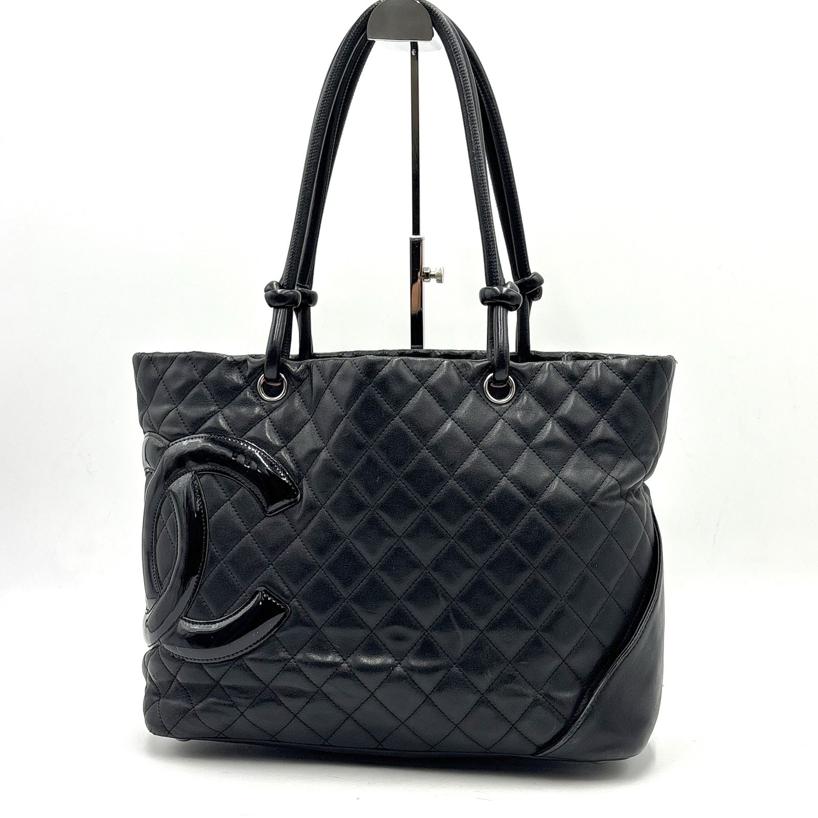 Auth CHANEL Cambon Line Leather Tote Bag Black Serial Sticker 13 2Y8153