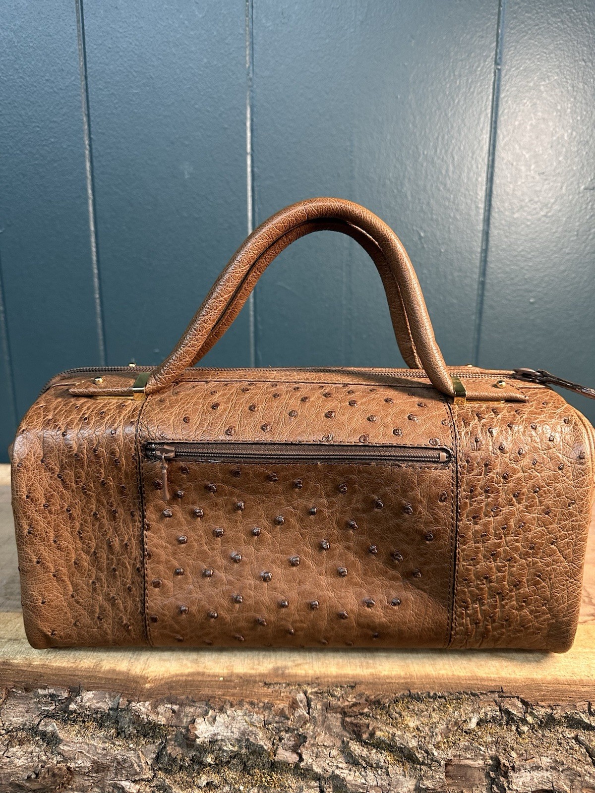 JRA Genuine Ostrich Leather Boston Satchel Cognac Brown Doctor Bag Japan