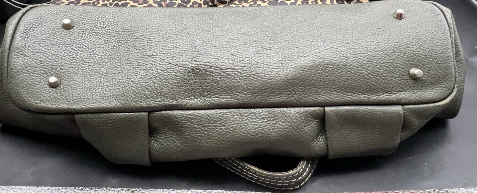 Robert Pietri Olive Green Leopard Interior Slouch Purse Bag w/ Stitched Straps