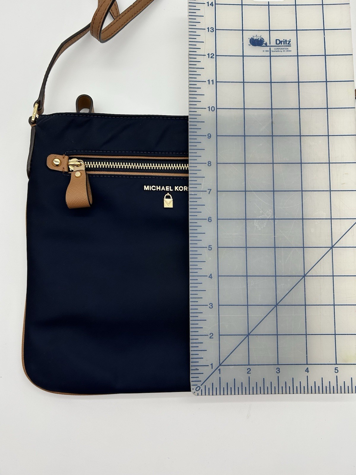 New Michael Kors Nylon Kelsey Navy with Tan Leather Trim Crossbody Bag Purse