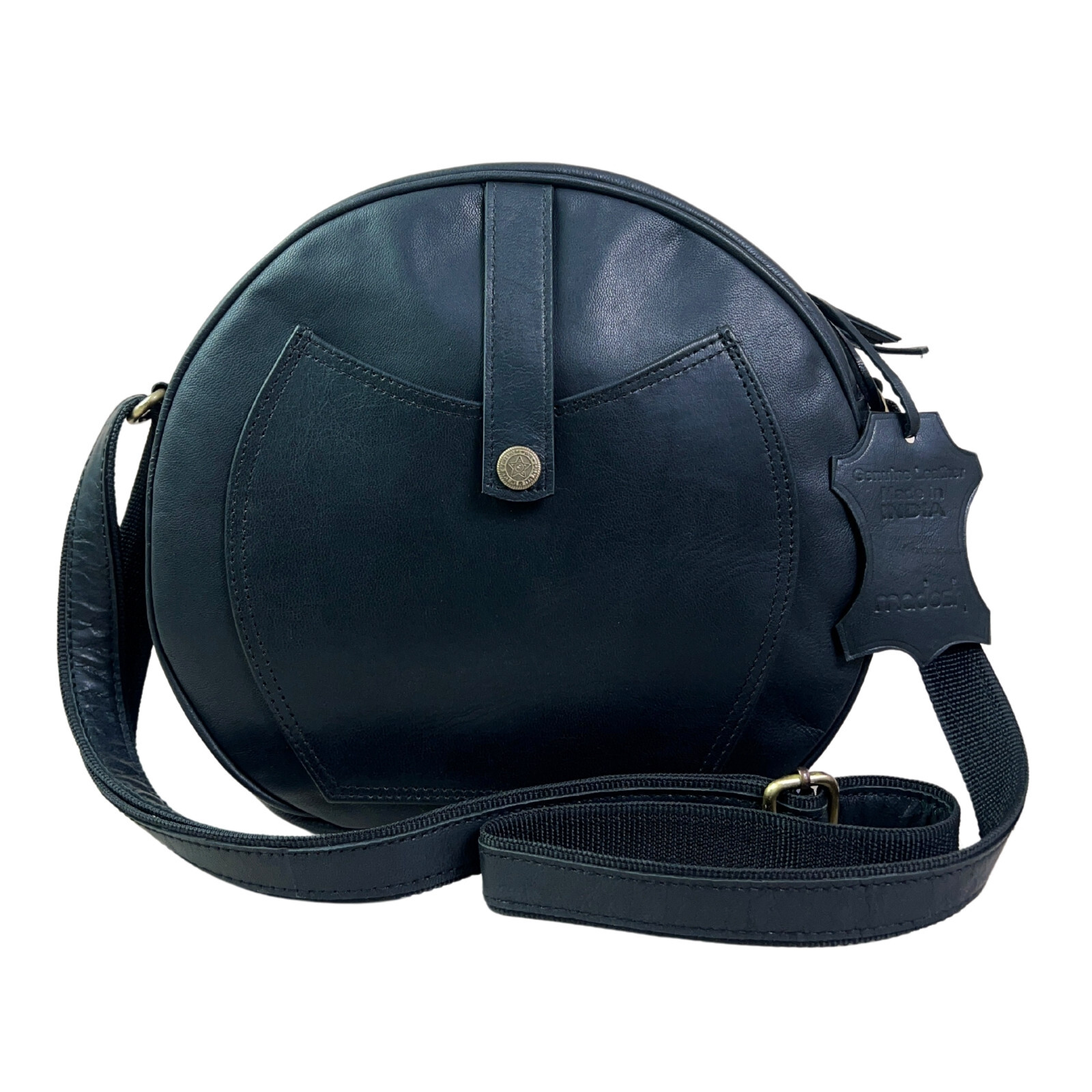 Madosh Genuine Leather Round Crossbody Bag Women Circle Shoulder Purse Black