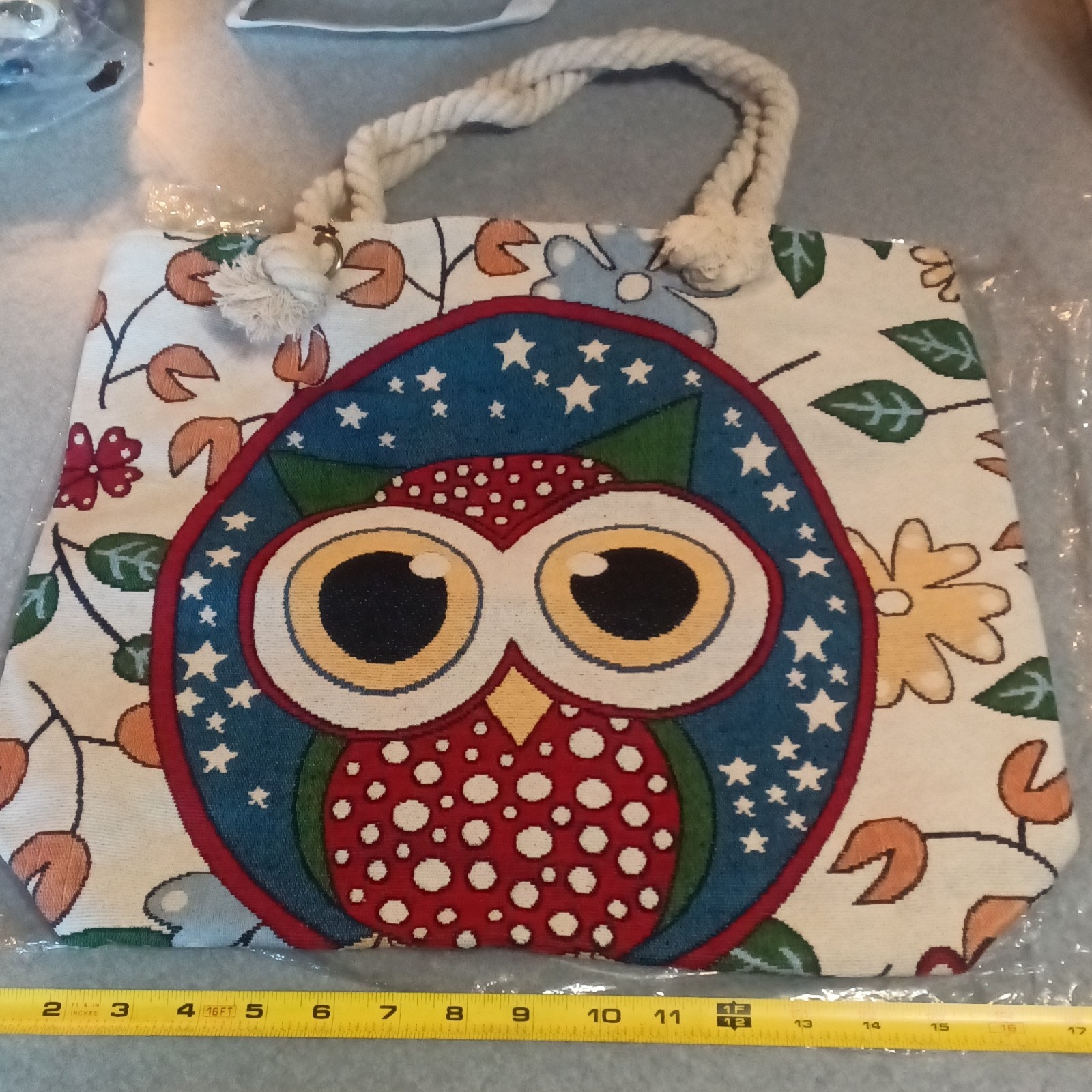 Multicolor Owl Floral Tote Bag, Zip Top, Rope Double Handles, Lined