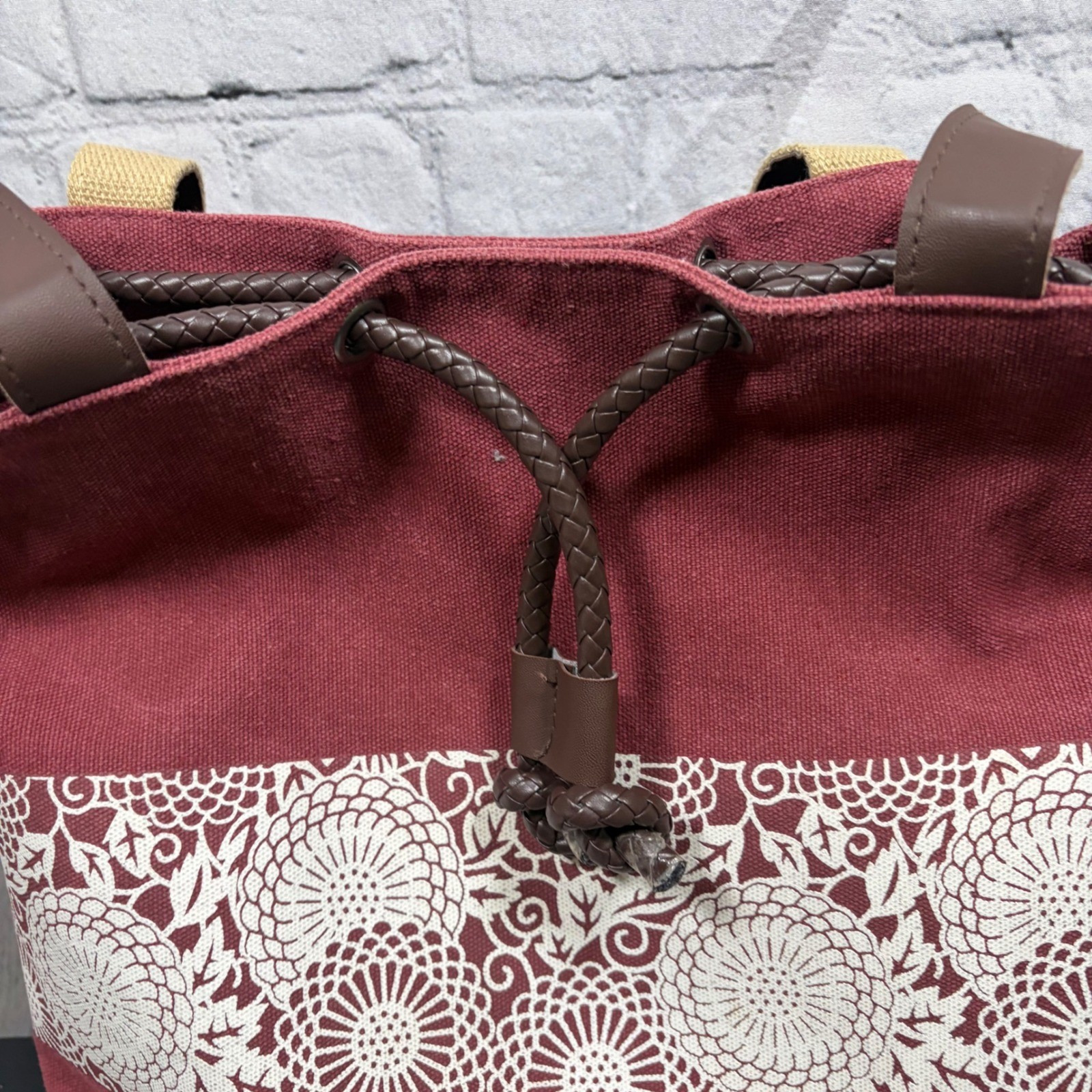 Burgundy Canvas Bucket Bag Floral Mandala Print Shoulder Tote Braided Handles