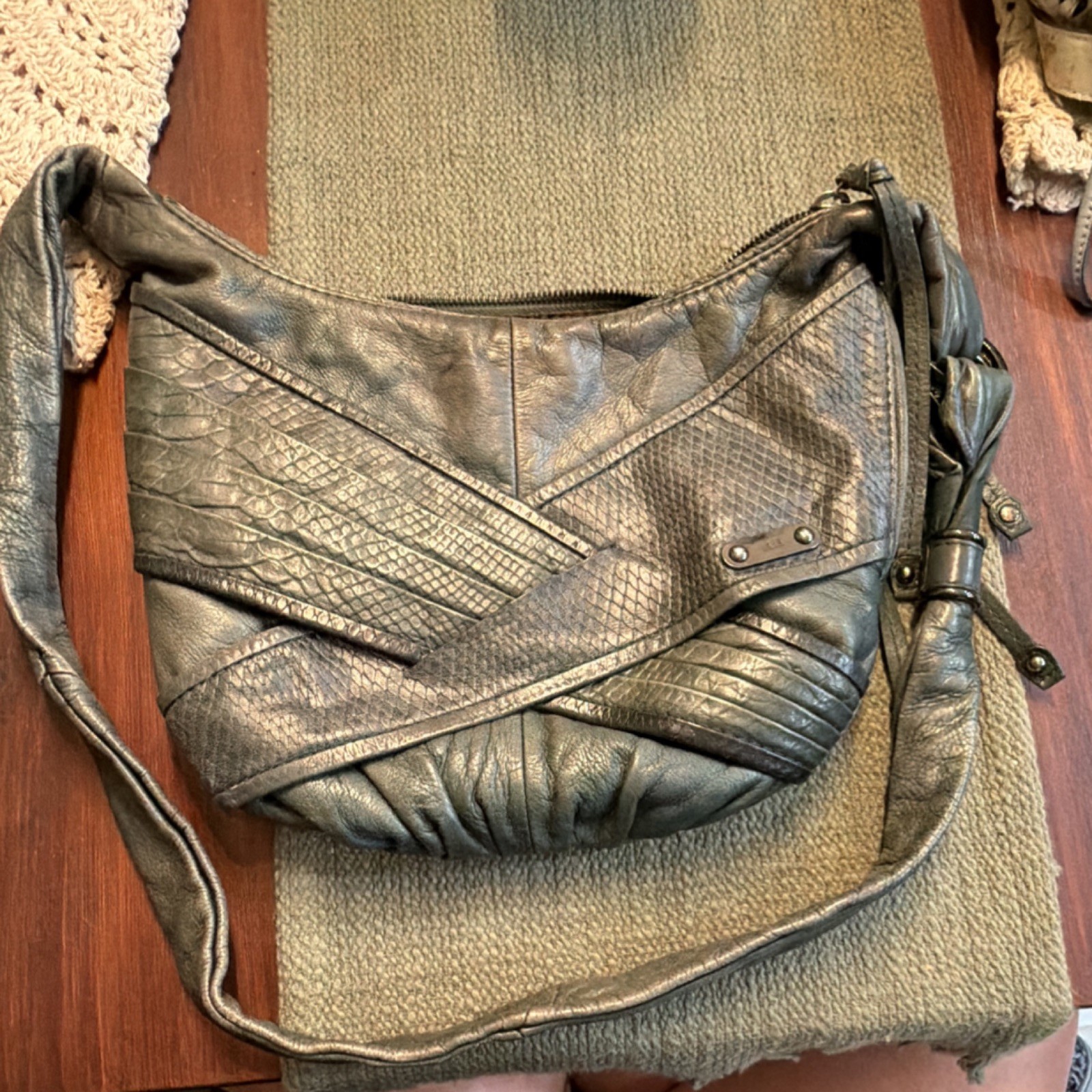 Rafe Green Textured Crescent Shoulder Bag Silver Hardware Women’s Handcrafted