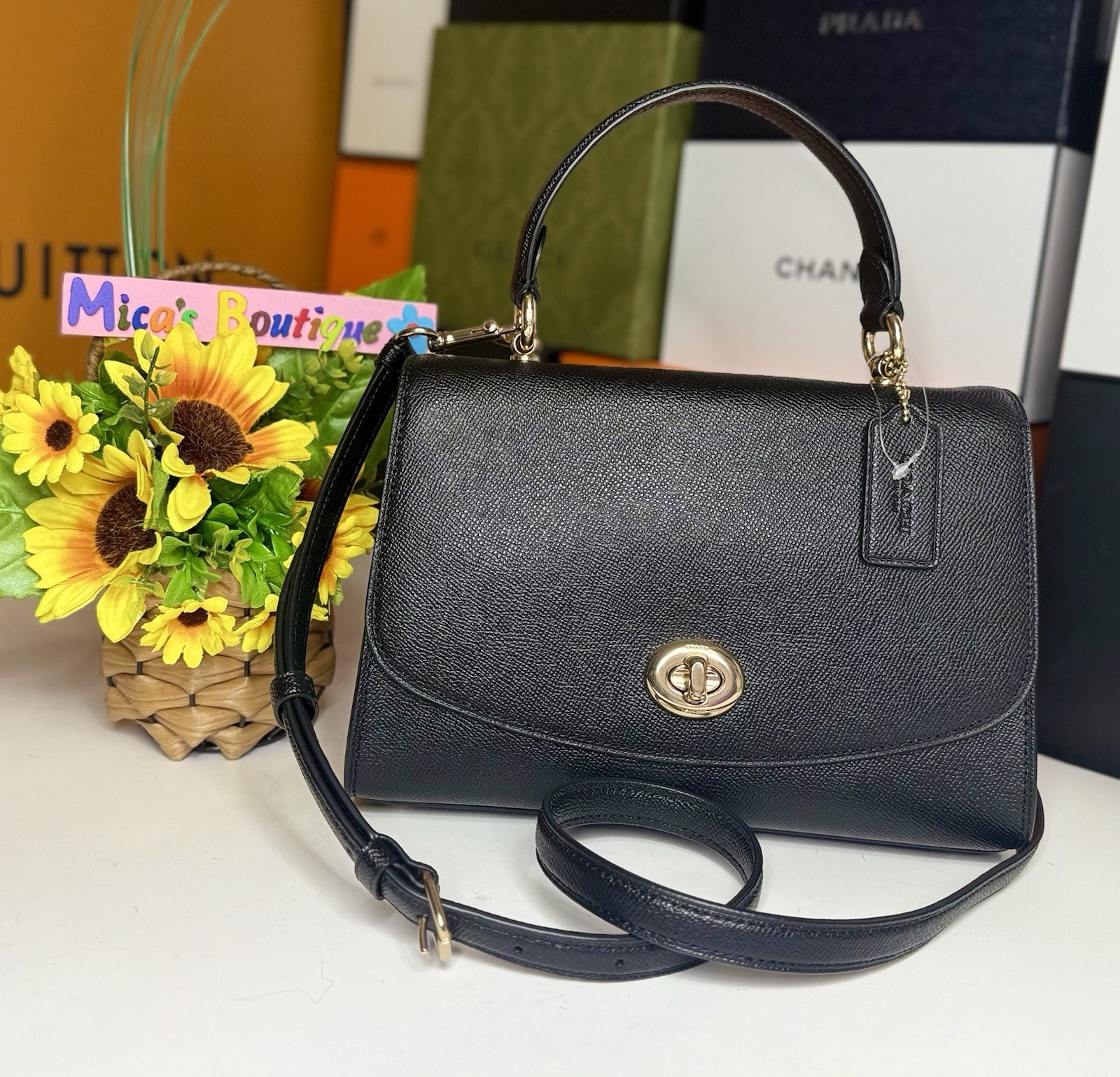 🆕COACH Tilly F6618 Black Leather Handbag/Crossbody w/Gold Turn-Lock MSRP:$398