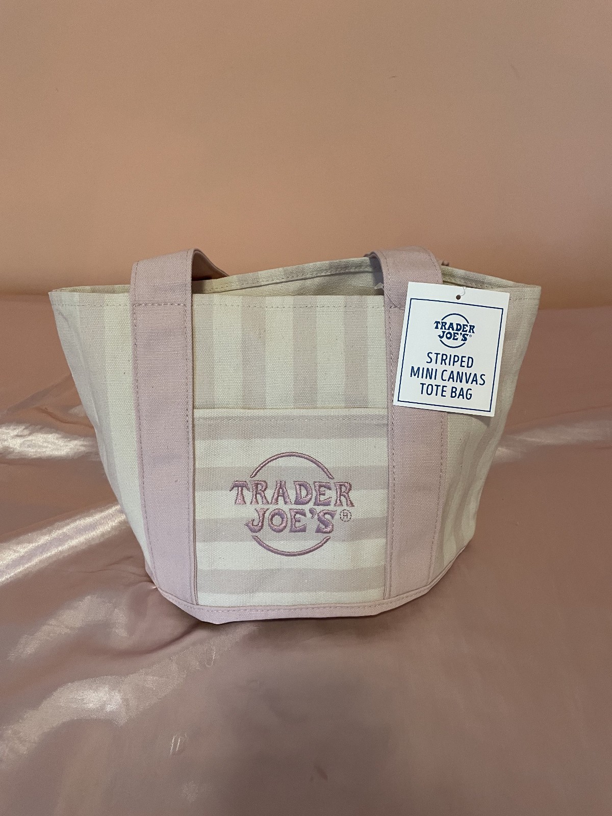 TRADER JOES LIMITED EDITION MINI PASTEL STRIPED CANVAS TOTE BAG PINK!